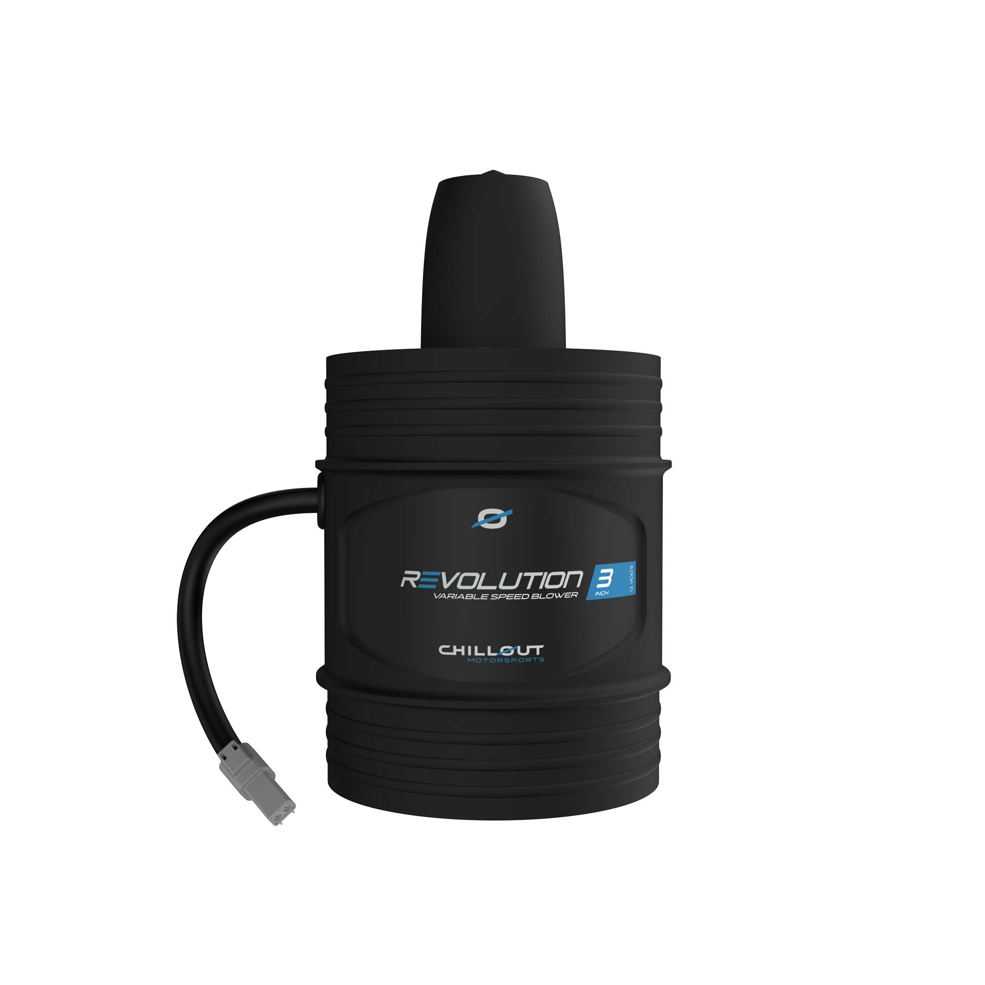 Chillout Systems Revolution 3 inch variable speed air blower front view showing 3 inch outlet