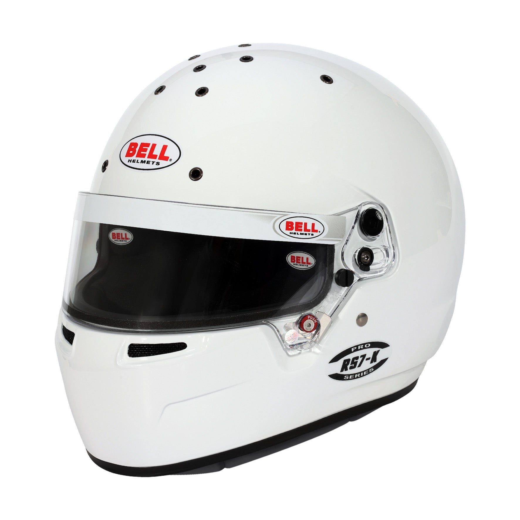 Left angle view of Bell RS7-K Pro Karting Helmet K2025 showing smooth composite shell and aerodynamic lines