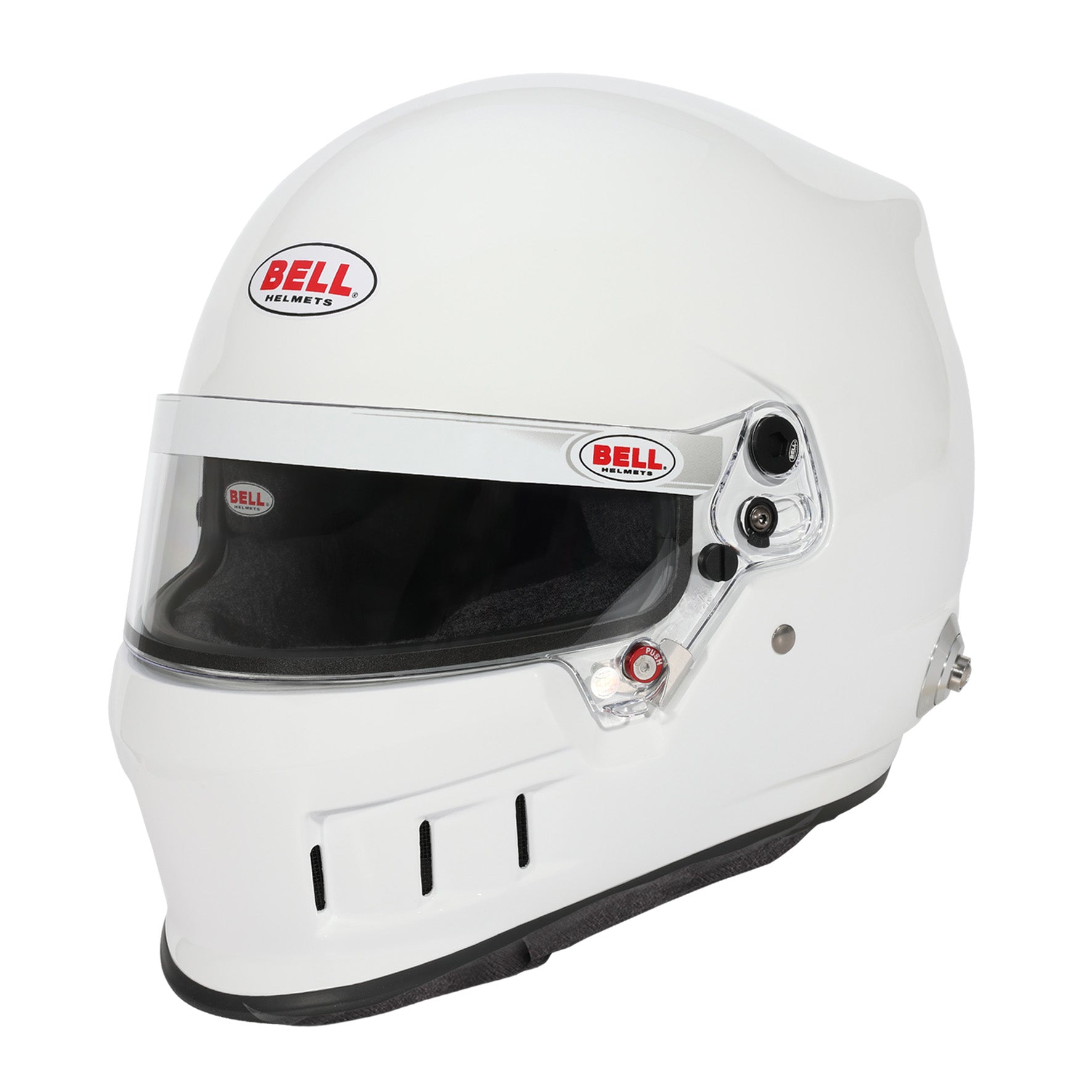 Bell XD7 Pro SA2025 composite racing helmet in white with DSAF anti-fog shield, Venturi ventilation, and Hans anchors — circuit and road racing helmet