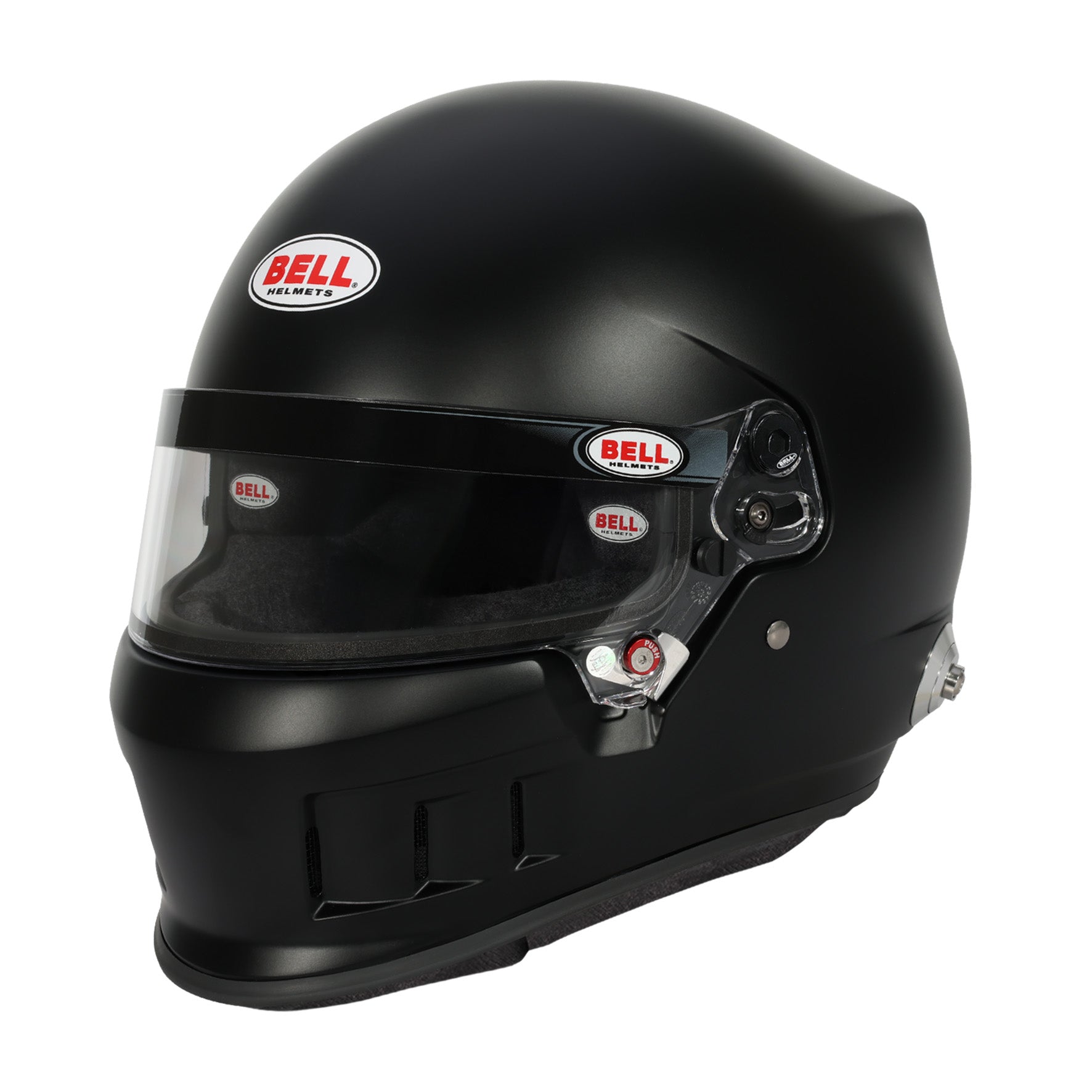 Bell XD7 Pro SA2025 racing helmet in matte black left side view — composite shell, Venturi chin bar vents, and SmartLock shield mechanism