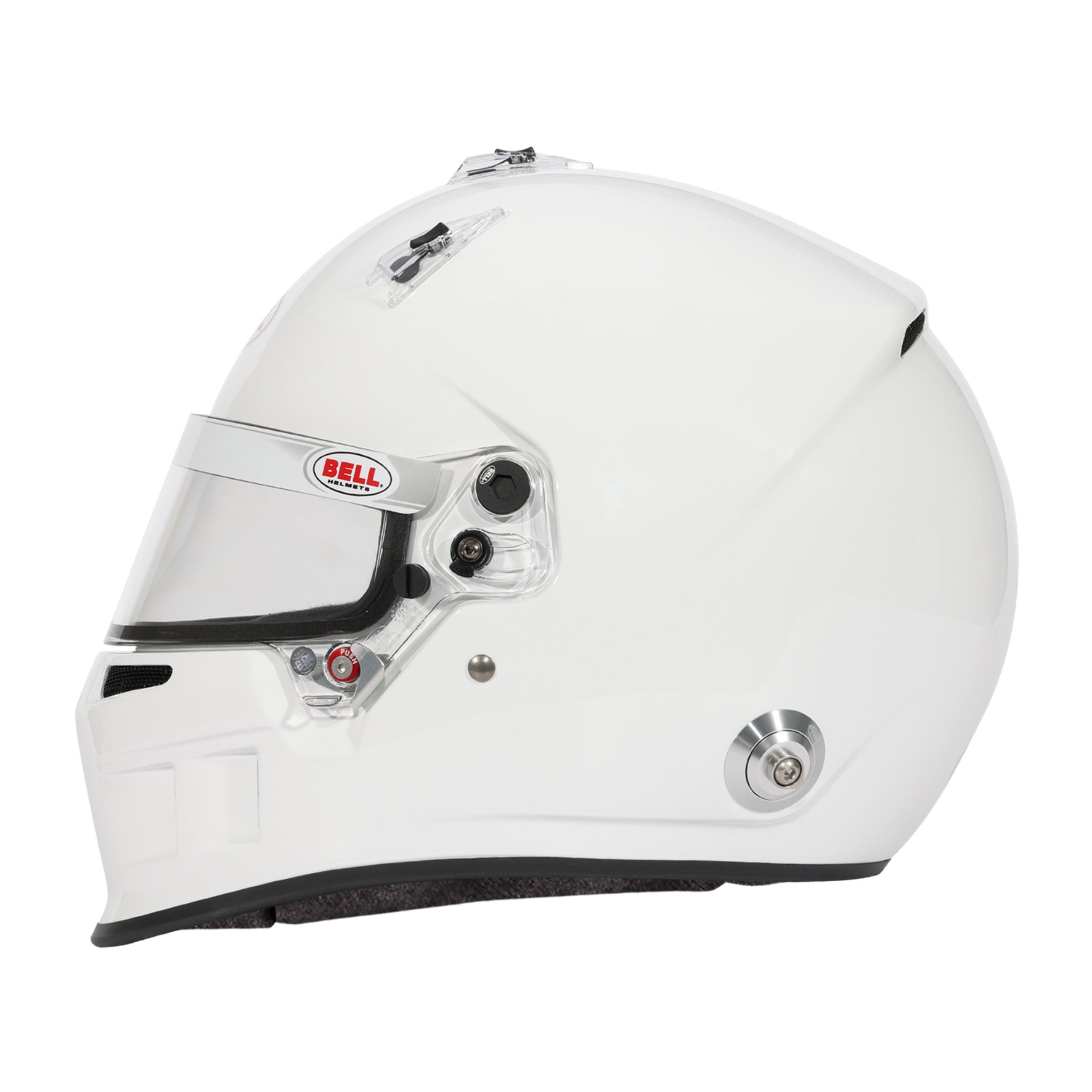 Bell XR7 Pro SA2025 racing helmet left side view — composite shell profile, direct-flow chin bar vents, and SmartLock shield mechanism in white