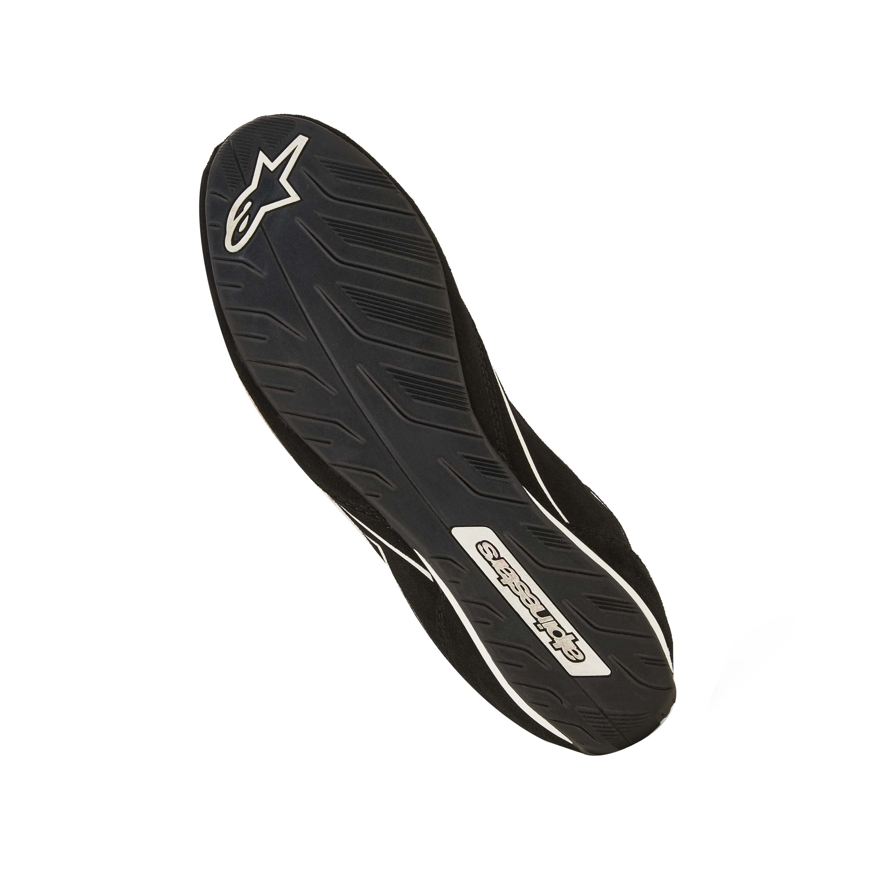 Sole view of Alpinestars SP v3 racing shoe showing low-profile outsole for improved pedal feel