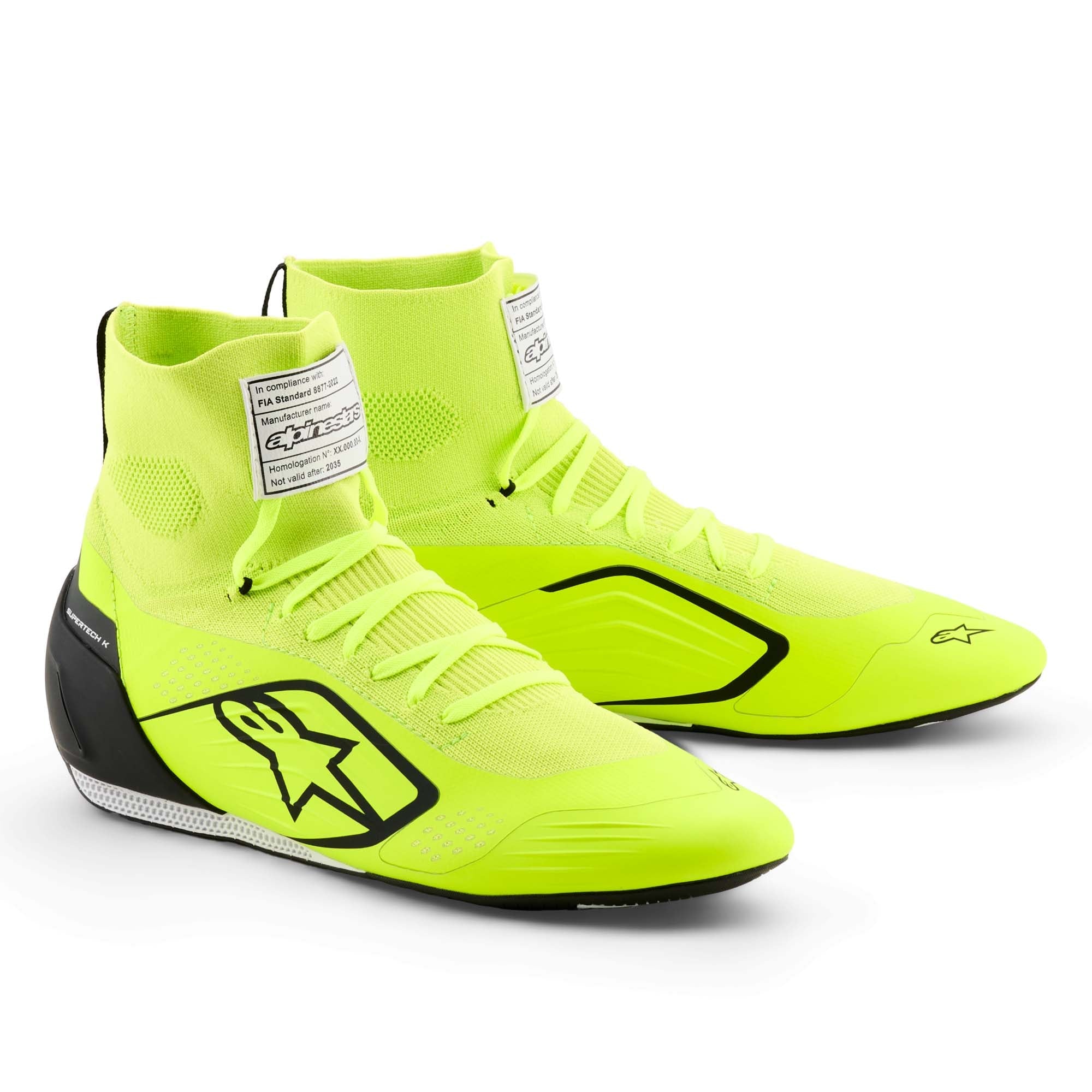 Alpinestars Supertech K FIA Karting Shoes in Yellow Fluo/Black/White, showing fully knitted upper, TPU heel counter, and ultra-thin F1-derived rubber outsole.
