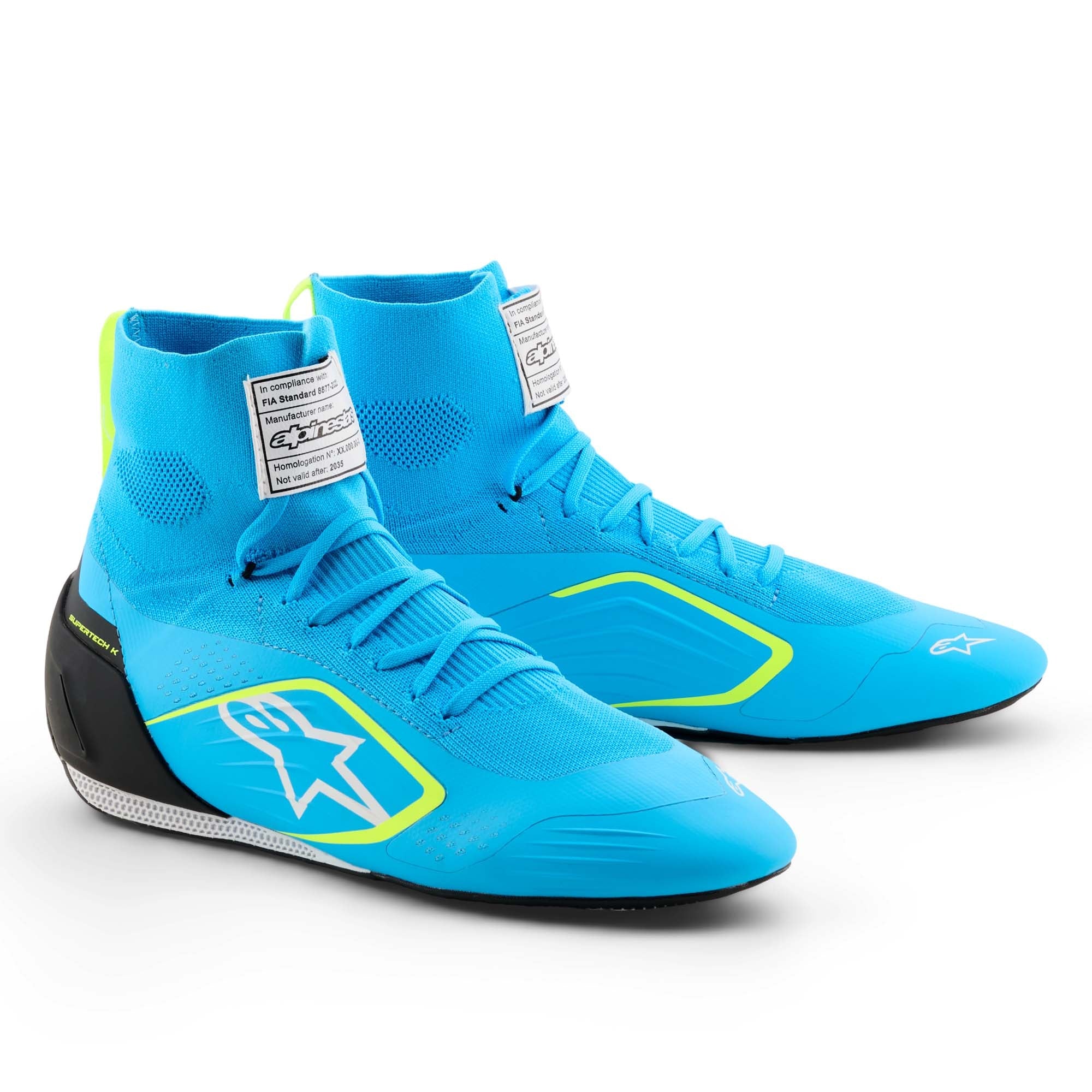 Alpinestars Supertech K FIA Karting Shoes in Light Blue/Black/Yellow Fluo, showing fully knitted upper, TPU heel counter, and ultra-thin F1-derived rubber outsole.