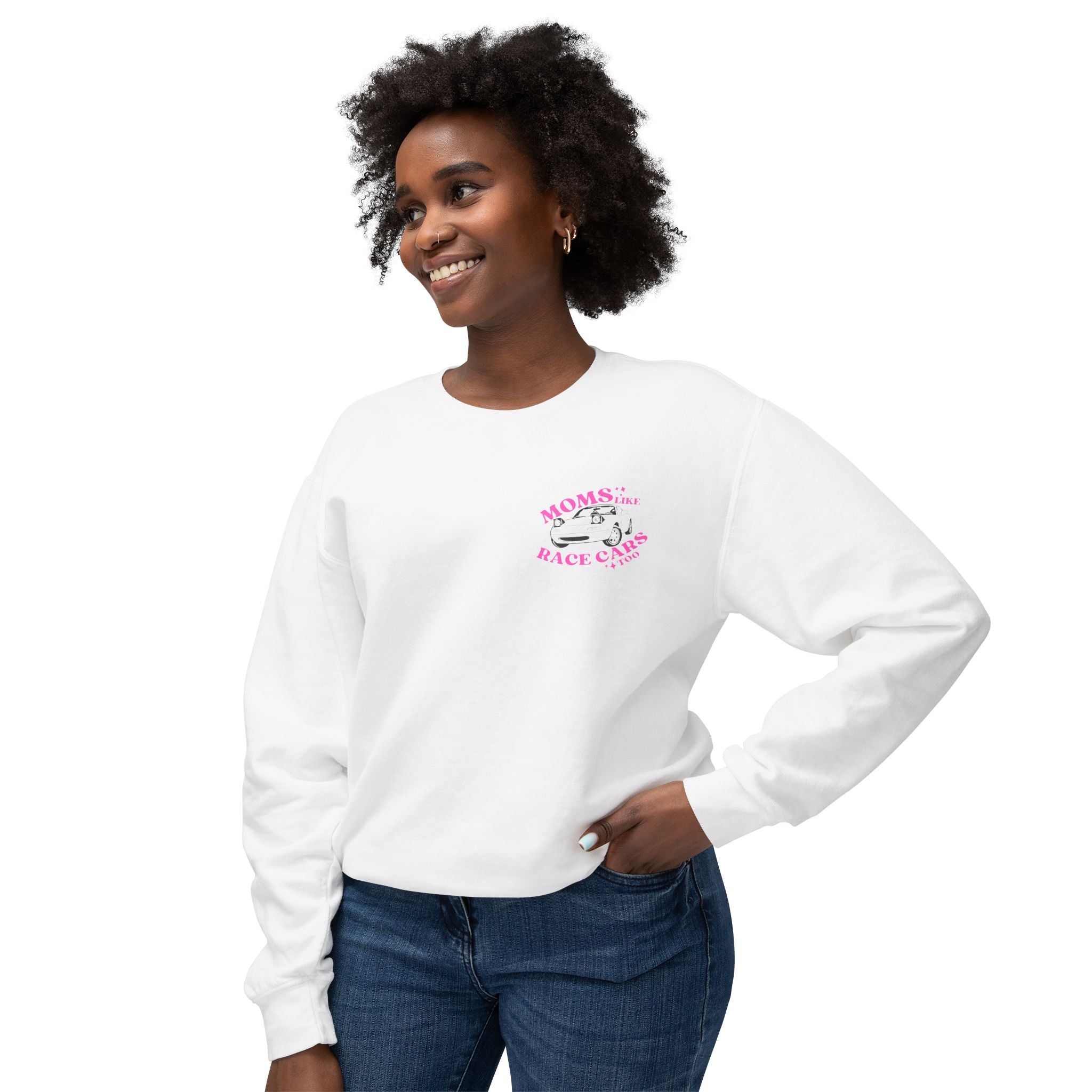 "Moms Like Race Cars Too" Pink Racing Car Graphic