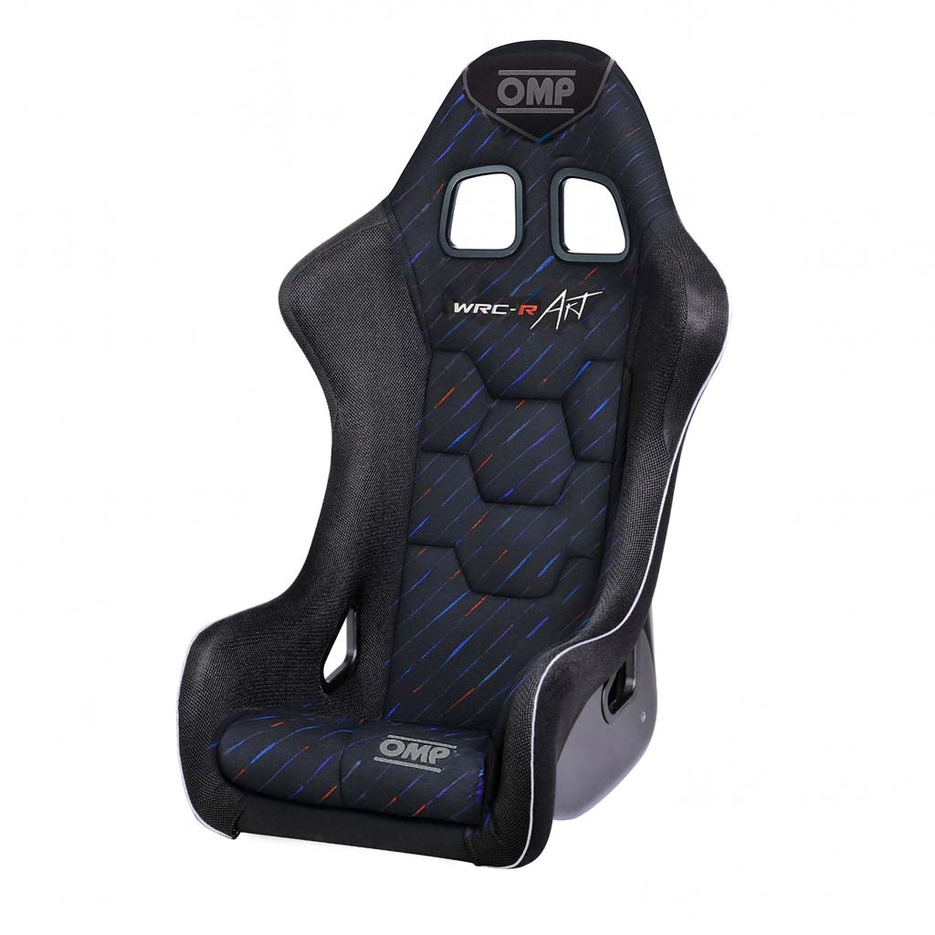 OMP WRC‑R BMW M‑Rain Art Racing Seat – FIA 8855‑1999 fiberglass seat with BMW M‑Rain upholstery and large harness slots