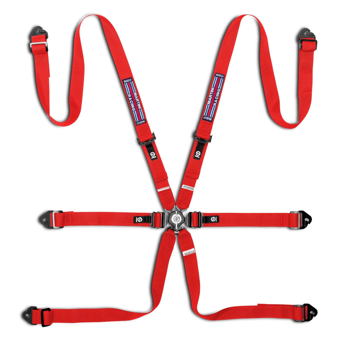 Sparco Martini Racing Comp H-2 PD 6-point racing harness in Red with woven Martini stripe patch