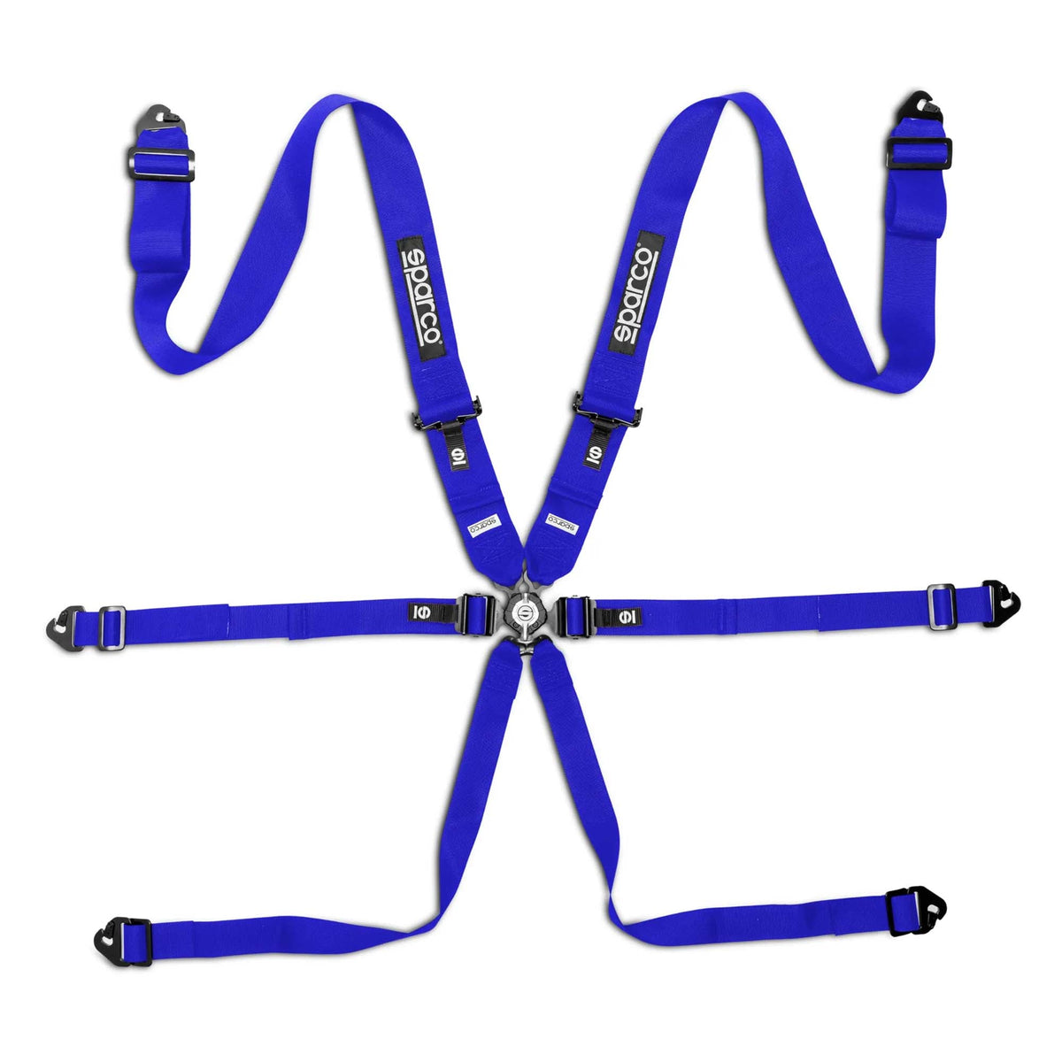Sparco Comp H-3 6-point endurance racing harness in Blue, featuring full-width 3-inch shoulder straps and steel adjusters