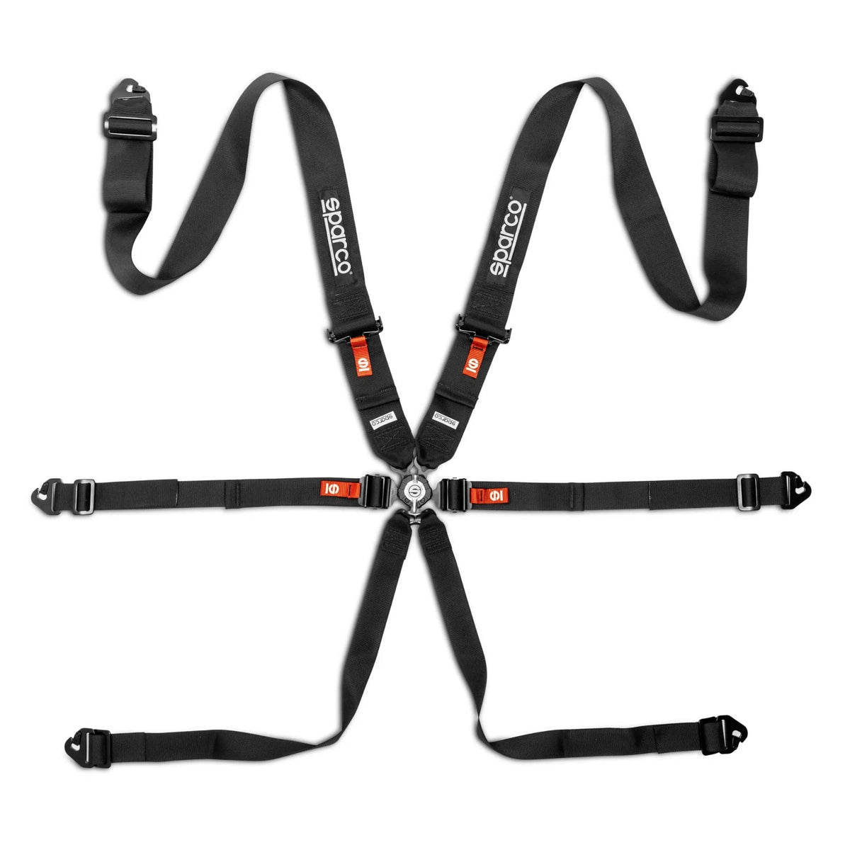 Sparco Comp H-3 6-point endurance racing harness in Black, featuring full-width 3-inch shoulder straps and steel adjusters