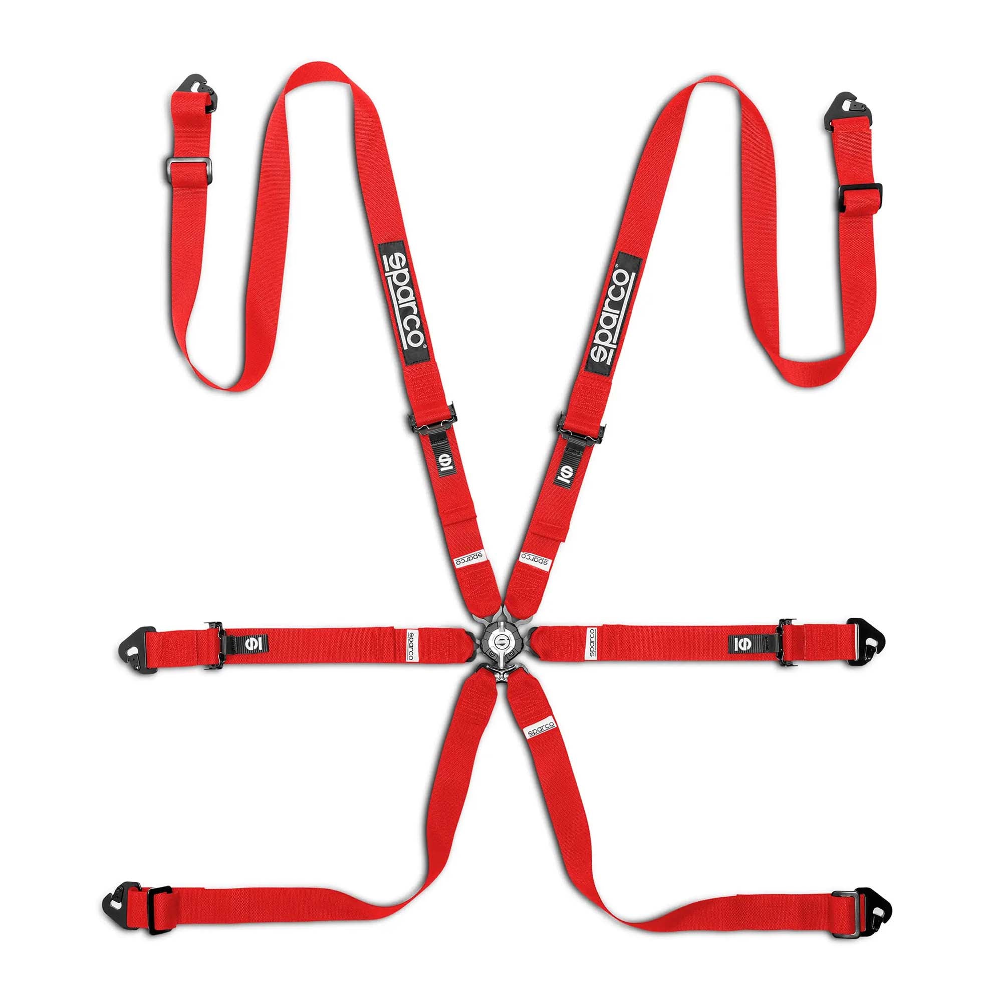 Sparco Comp H-2 6-point FIA racing harness in red with pull-up lap belts, 2-inch shoulder straps, steel adjusters, and aircraft-quality quick-release buckle.