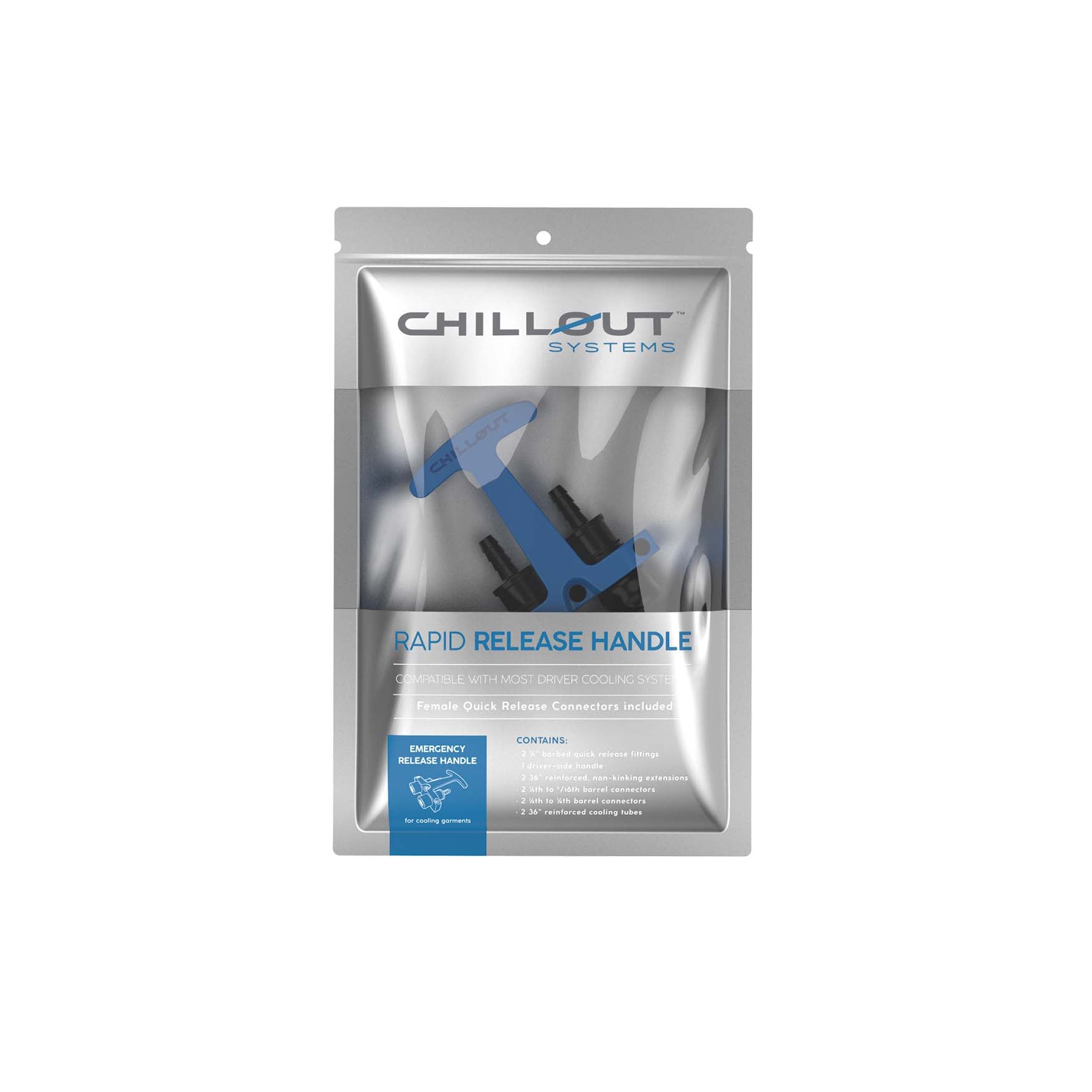 Chillout Systems Rapid Release Shirt Handle showing driver-side dry break handle assembly with quick-release fittings, reinforced extension tubes, and barrel connectors.