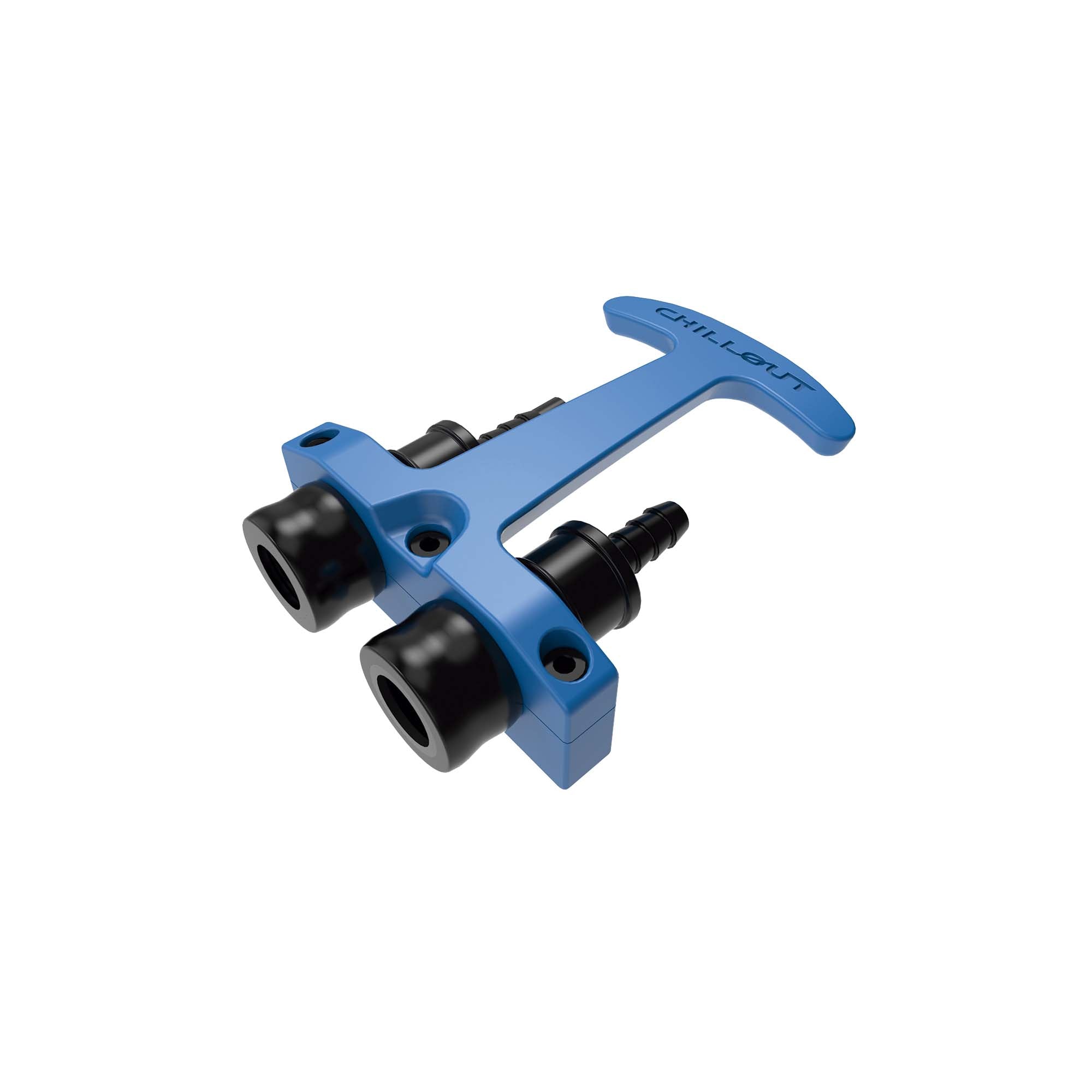 Chillout Systems Rapid Release Shirt Handle showing driver-side dry break handle assembly with quick-release fittings, reinforced extension tubes, and barrel connectors.