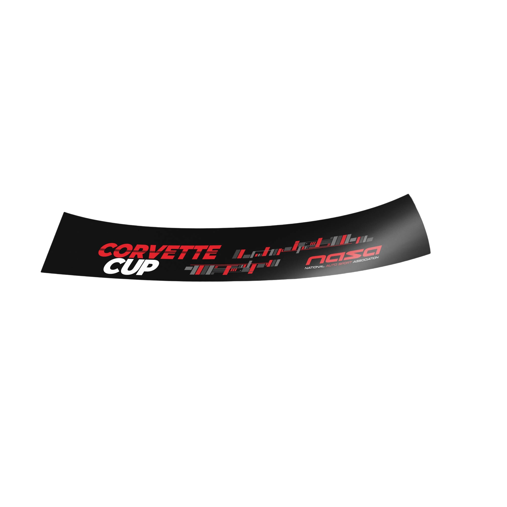 NASA Corvette Cup windshield banner decal, curved visor strip profile, red and white Corvette Cup and NASA branding on black background