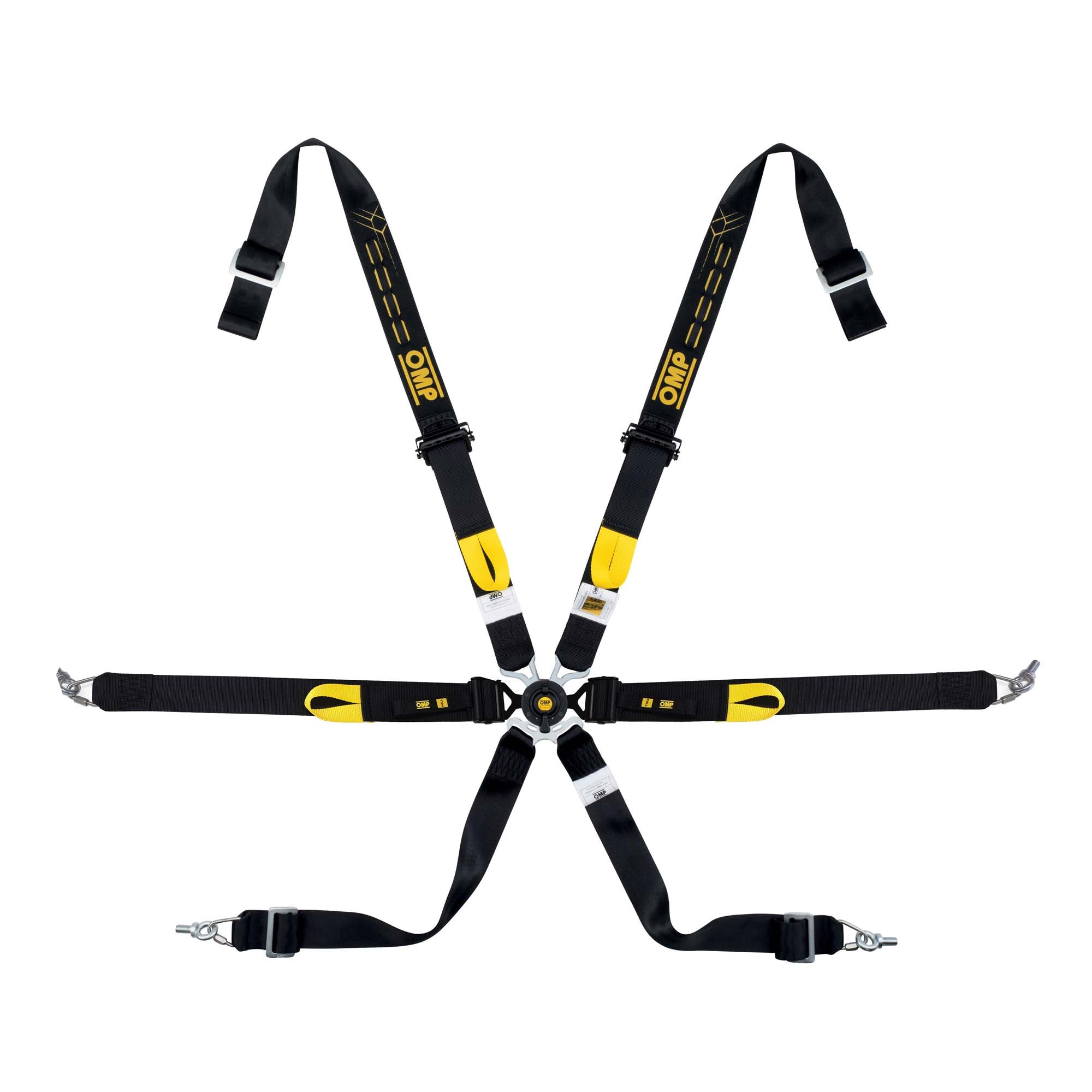 OMP One WRC endurance racing harness with camlock buckle and pull-down lap belt adjusters, FIA 8853-2016 approved