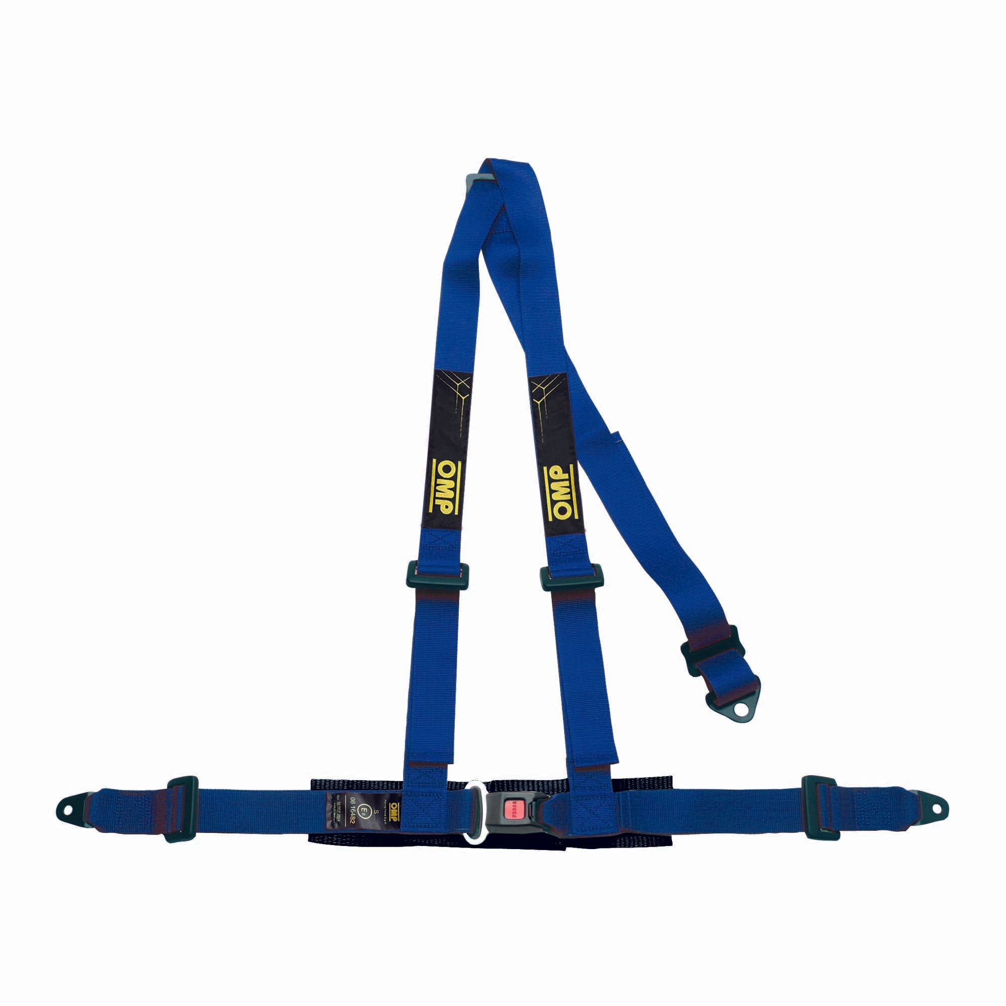 OMP Road 3 ECE 3-point street harness in blue with push-button buckle, ECE R16 approved
