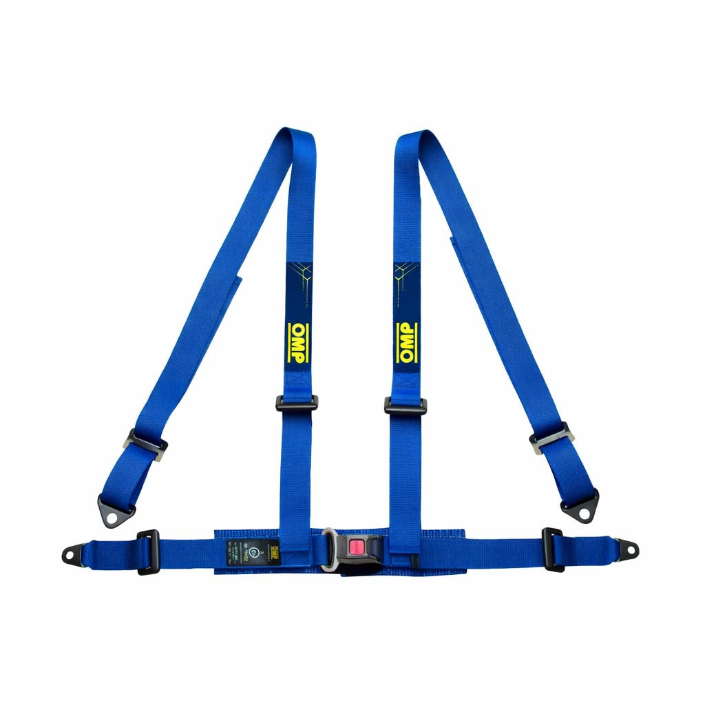 OMP Road 4 ECE 4-point street harness in blue with push-button buckle, ECE R16 approved