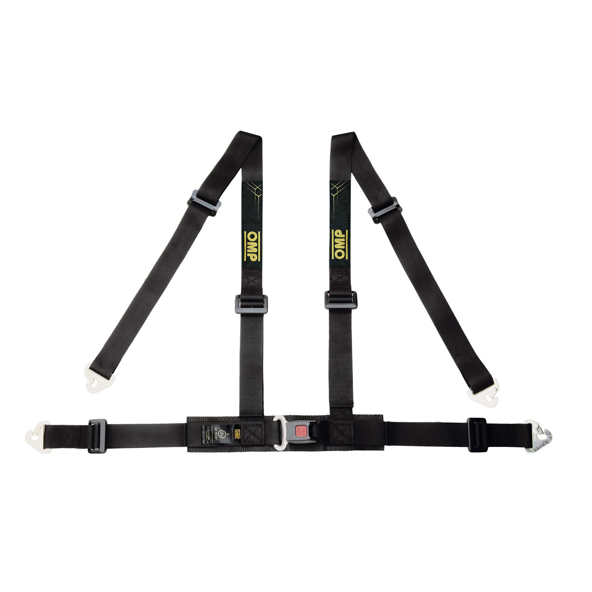 OMP Road 4M ECE 4-point street harness in black with snap-in mounting and push-button buckle, ECE R16 approved