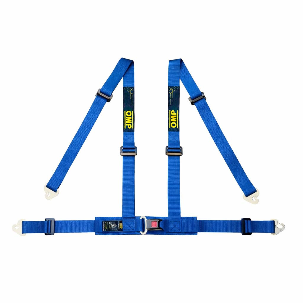 OMP Road 4M ECE 4-point street harness in blue with snap-in mounting and push-button buckle, ECE R16 approved