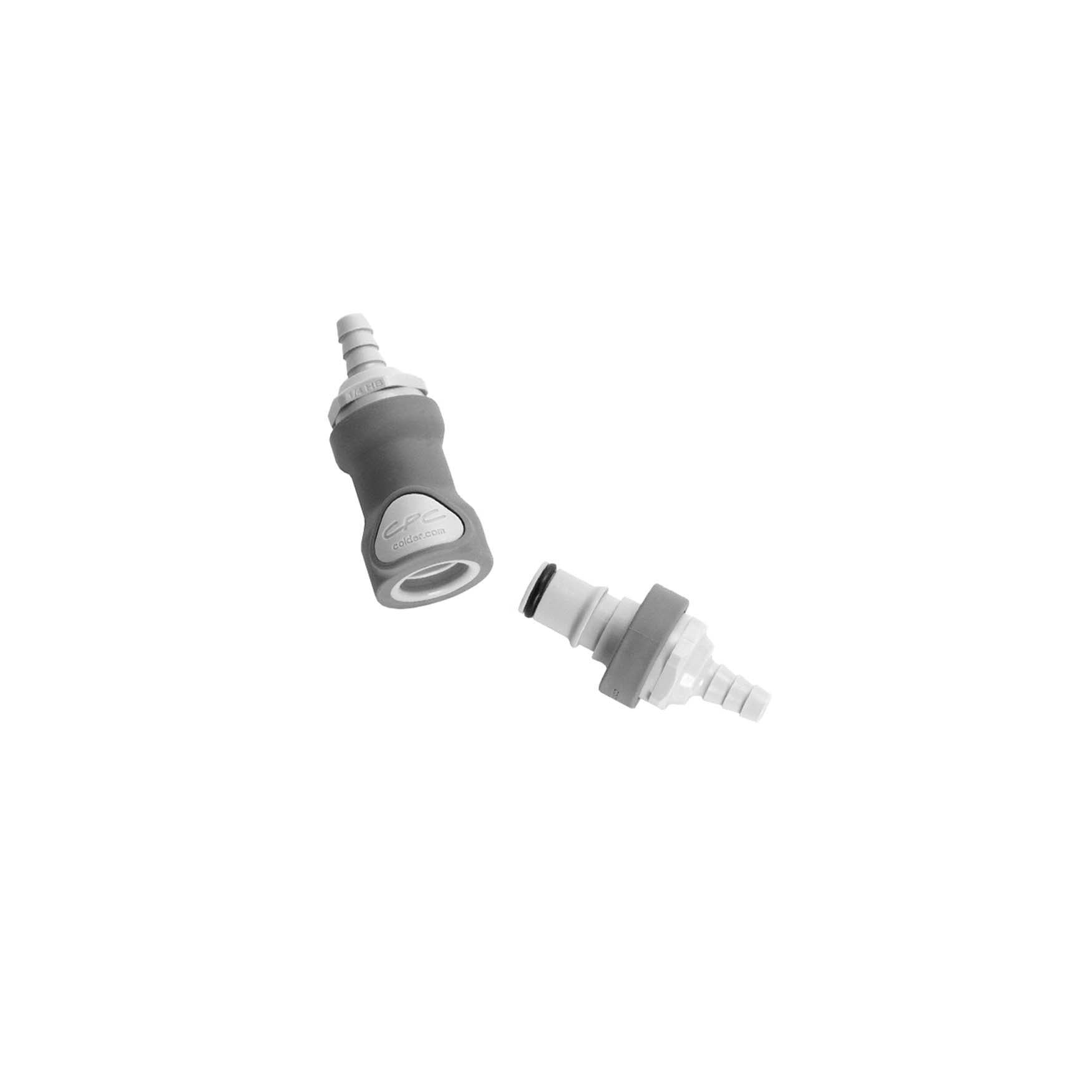 Chillout Systems No-Drip Hose Connectors shown separated, displaying the individual male and female 1/4-inch fittings with no-drip valve mechanism.
