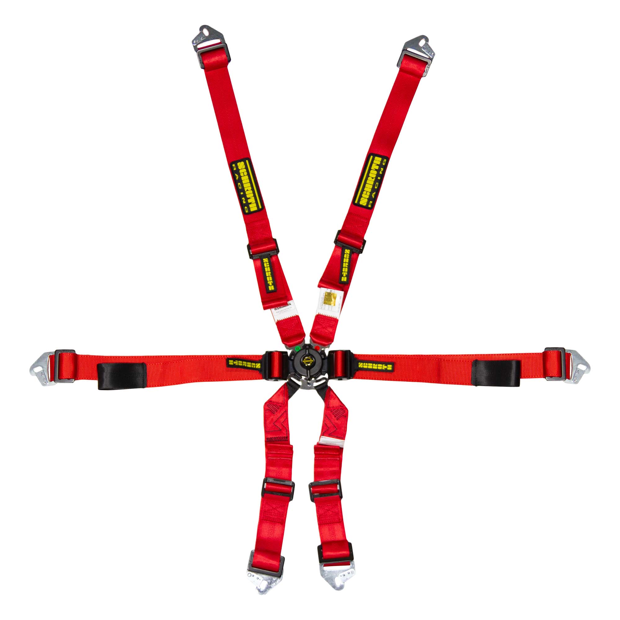 Schroth Enduro 2x2 FIA 8853‑2016 6‑point racing harness with 2″ shoulder and 2″ lap belts in red.