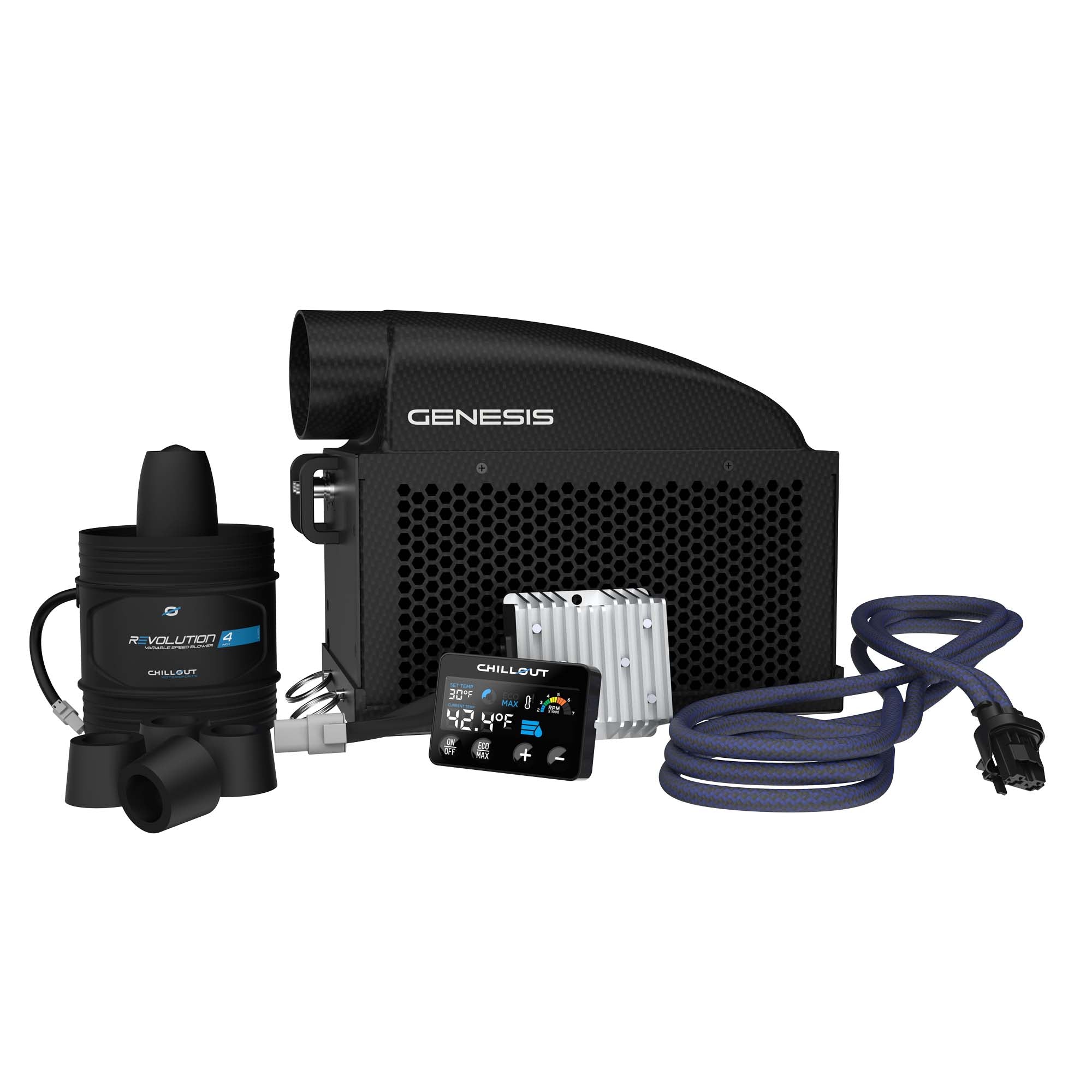Genesis Driver Cooling System package contents including cooler unit, hoses, power cables, and mounting hardware
