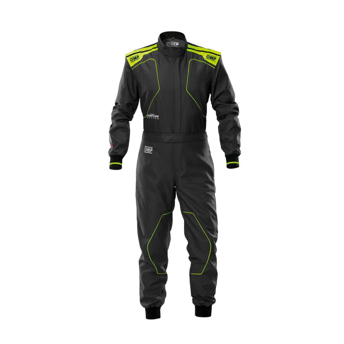 OMP KS-4 v2 youth karting suit in Anthracite/Fluo Yellow with laser-cut AirFlow venting