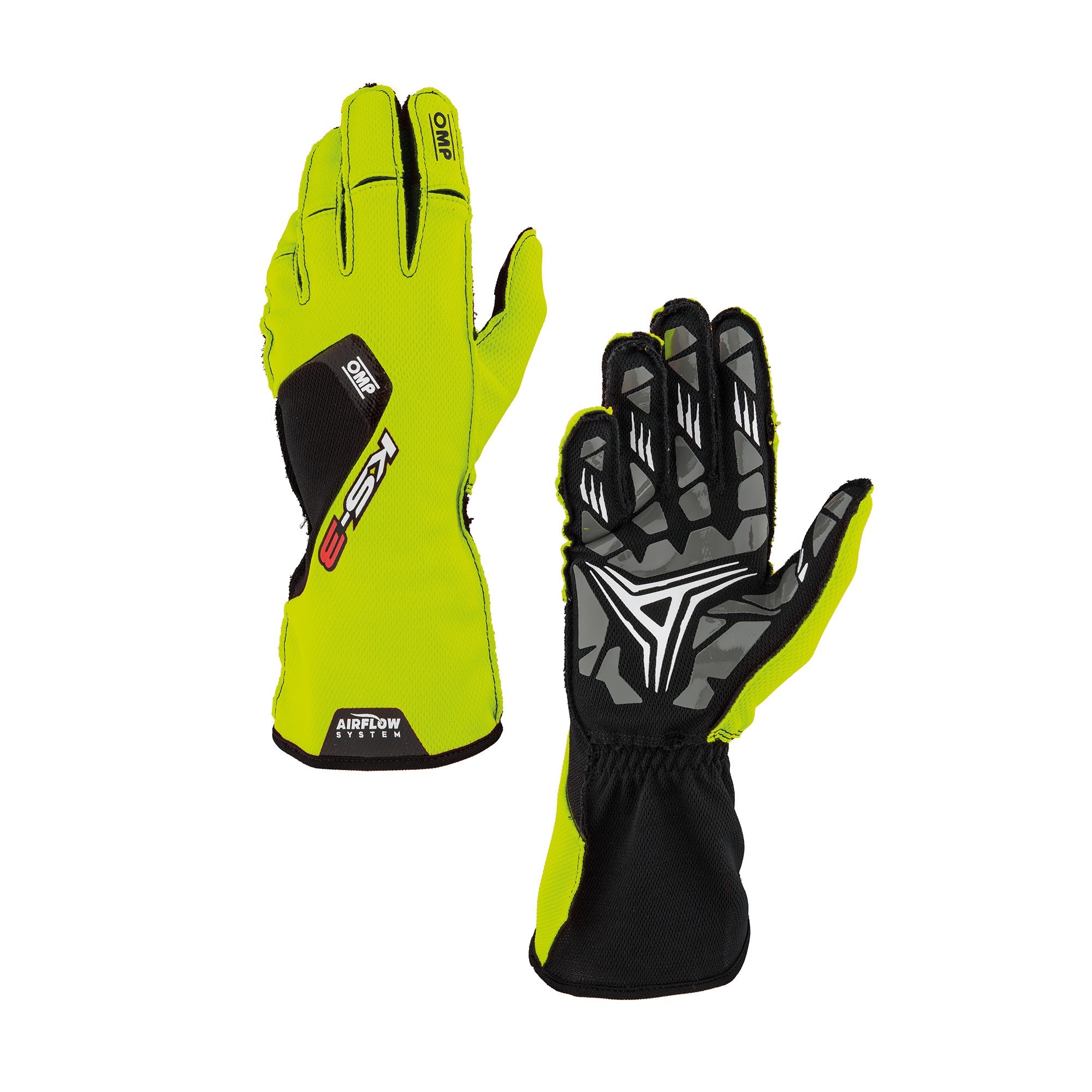 OMP KS-3 v2 karting gloves in yellow and black with AirFlow textured palm and pre-shaped fingers