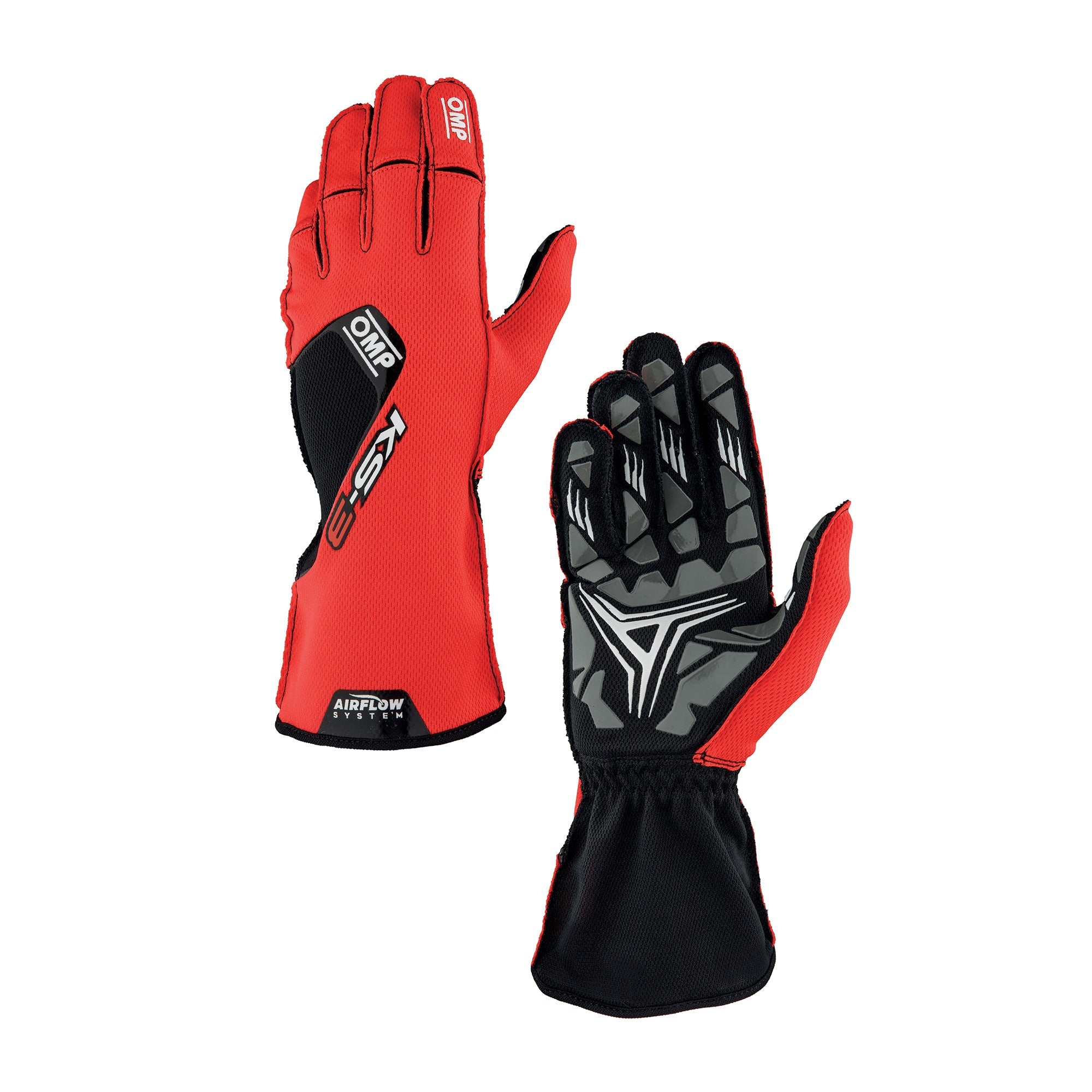 OMP KS-3 v2 karting gloves in red and black with AirFlow textured palm and pre-shaped fingers