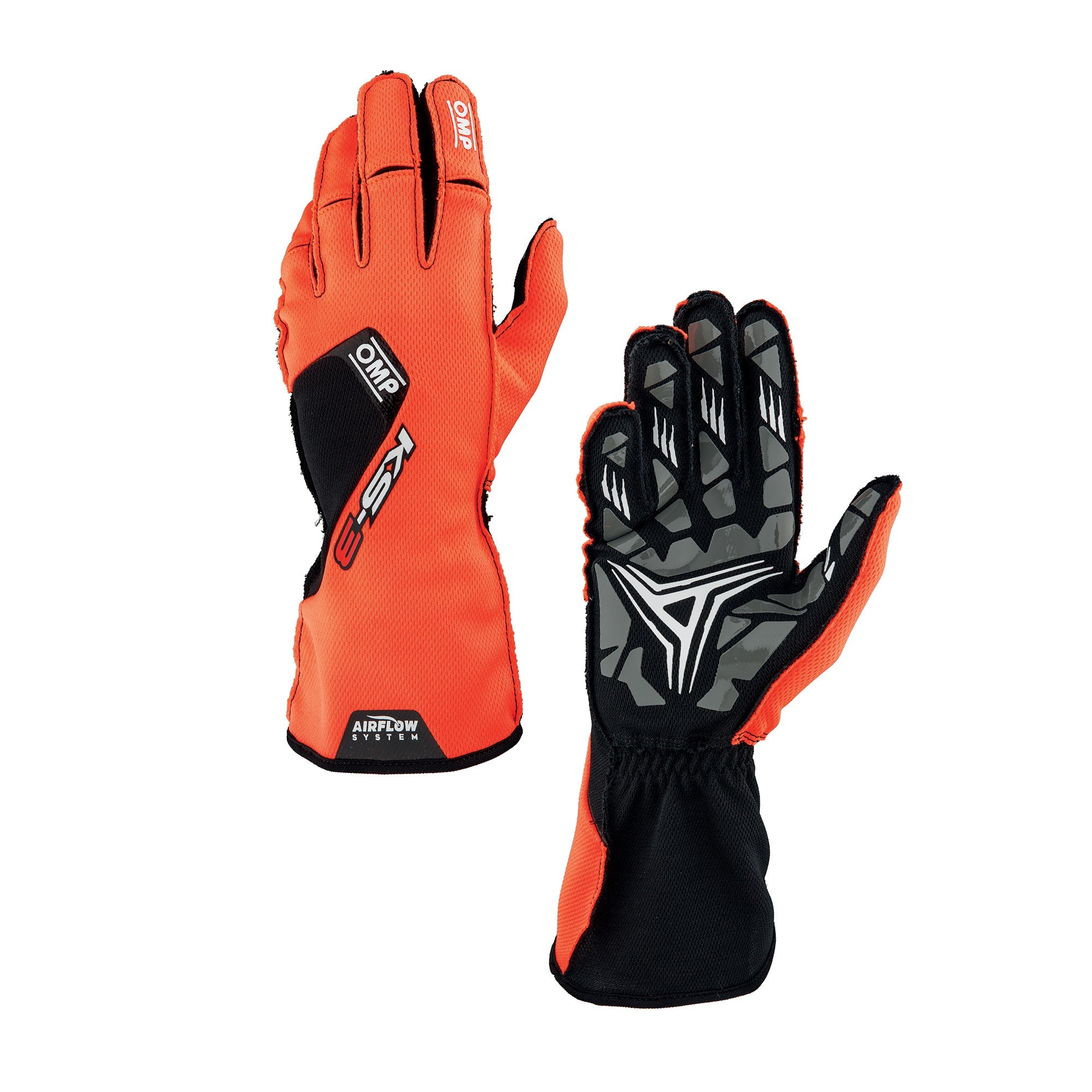 OMP KS-3 v2 karting gloves in orange and black with AirFlow textured palm and pre-shaped fingers