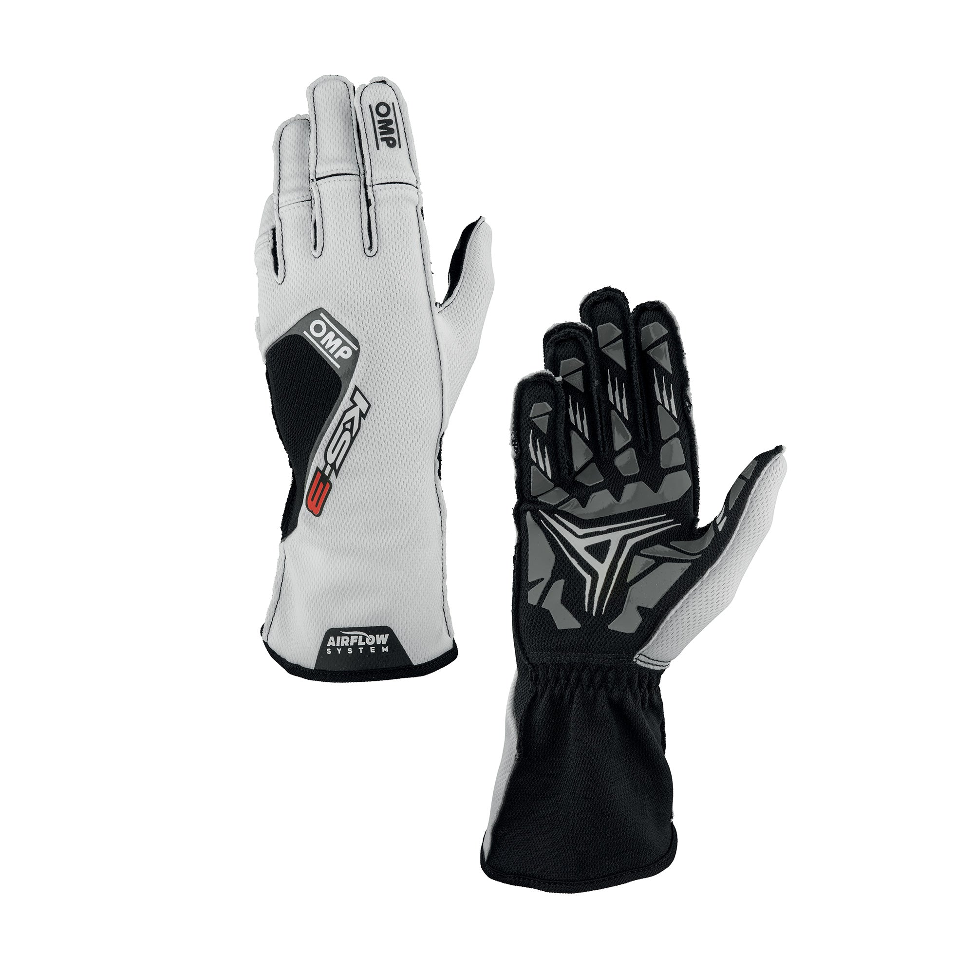 OMP KS-3 v2 karting gloves in white and black with AirFlow textured palm and pre-shaped fingers