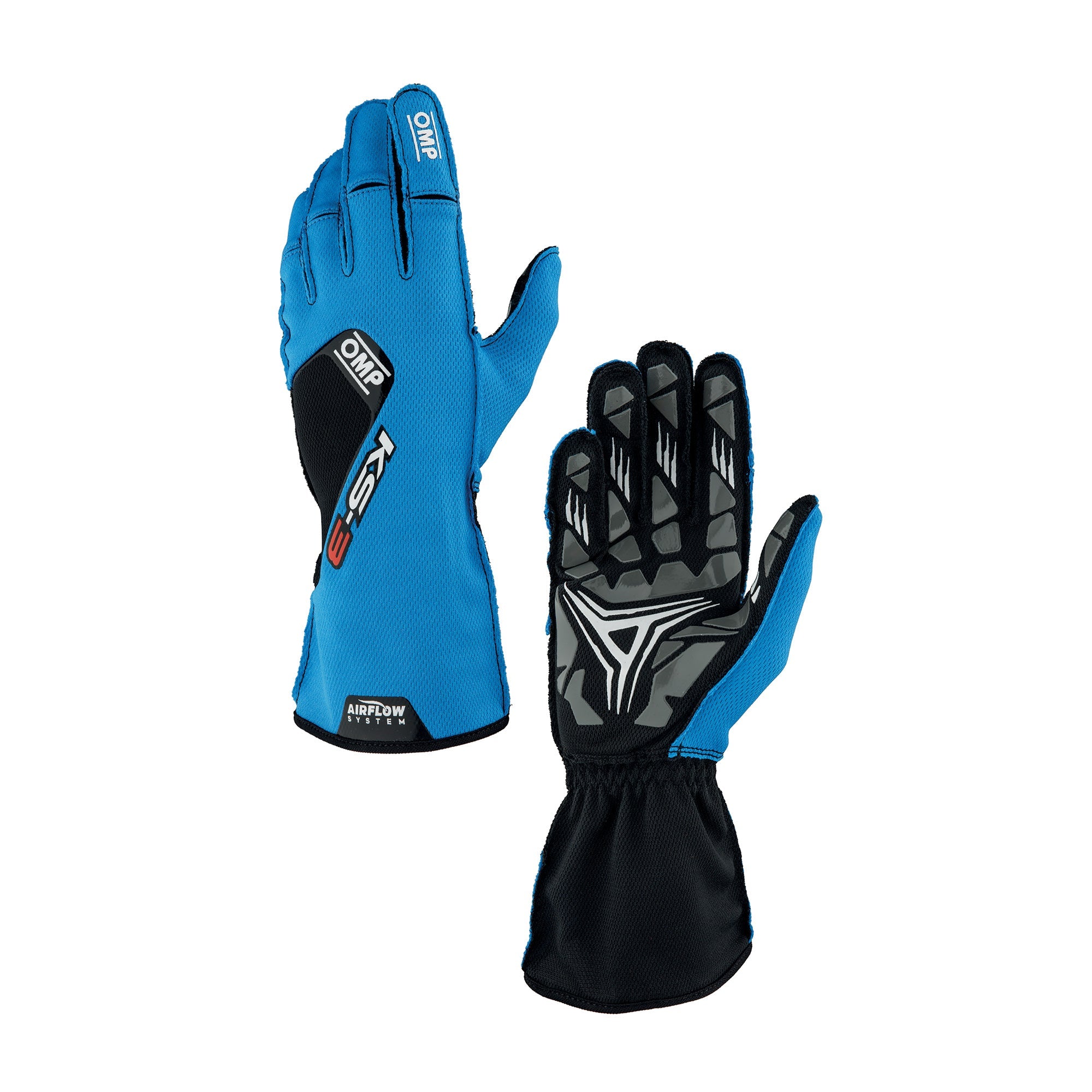 OMP KS-3 v2 karting gloves in blue and black with AirFlow textured palm and pre-shaped fingers