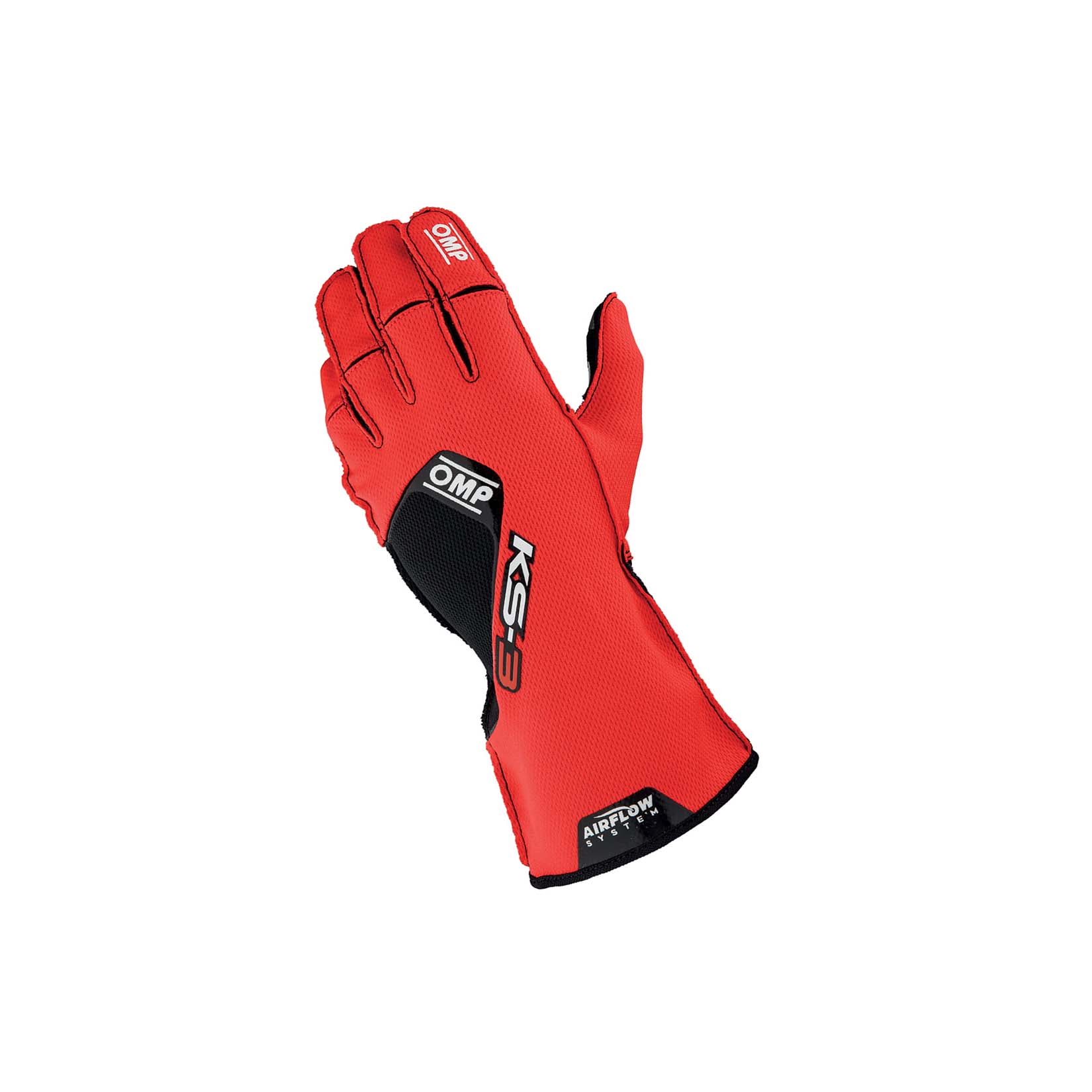 OMP KS-3 v2 youth karting gloves in red and black with AirFlow textured palm and pre-shaped fingers