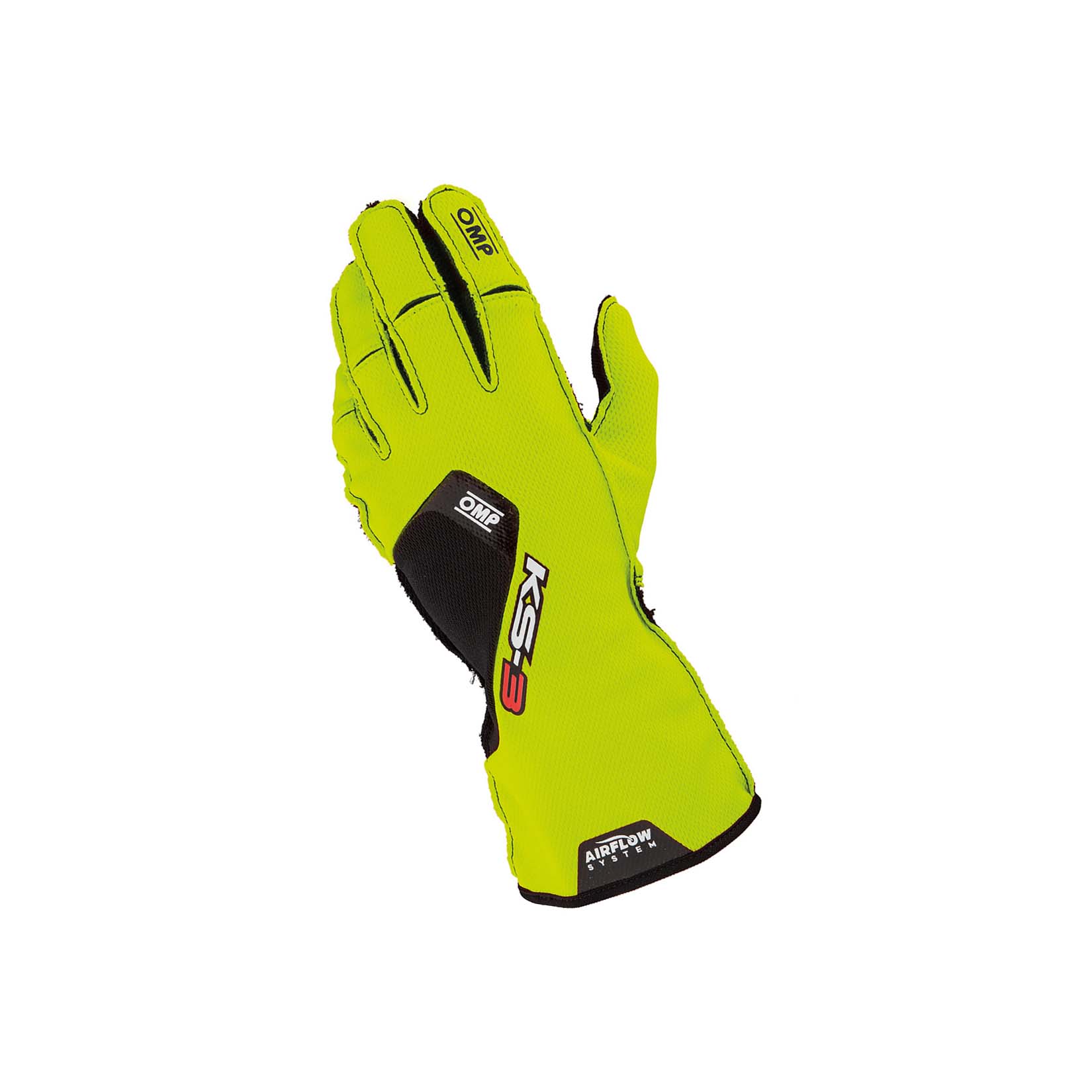 OMP KS-3 v2 youth karting gloves in yellow and black with AirFlow textured palm and pre-shaped fingers