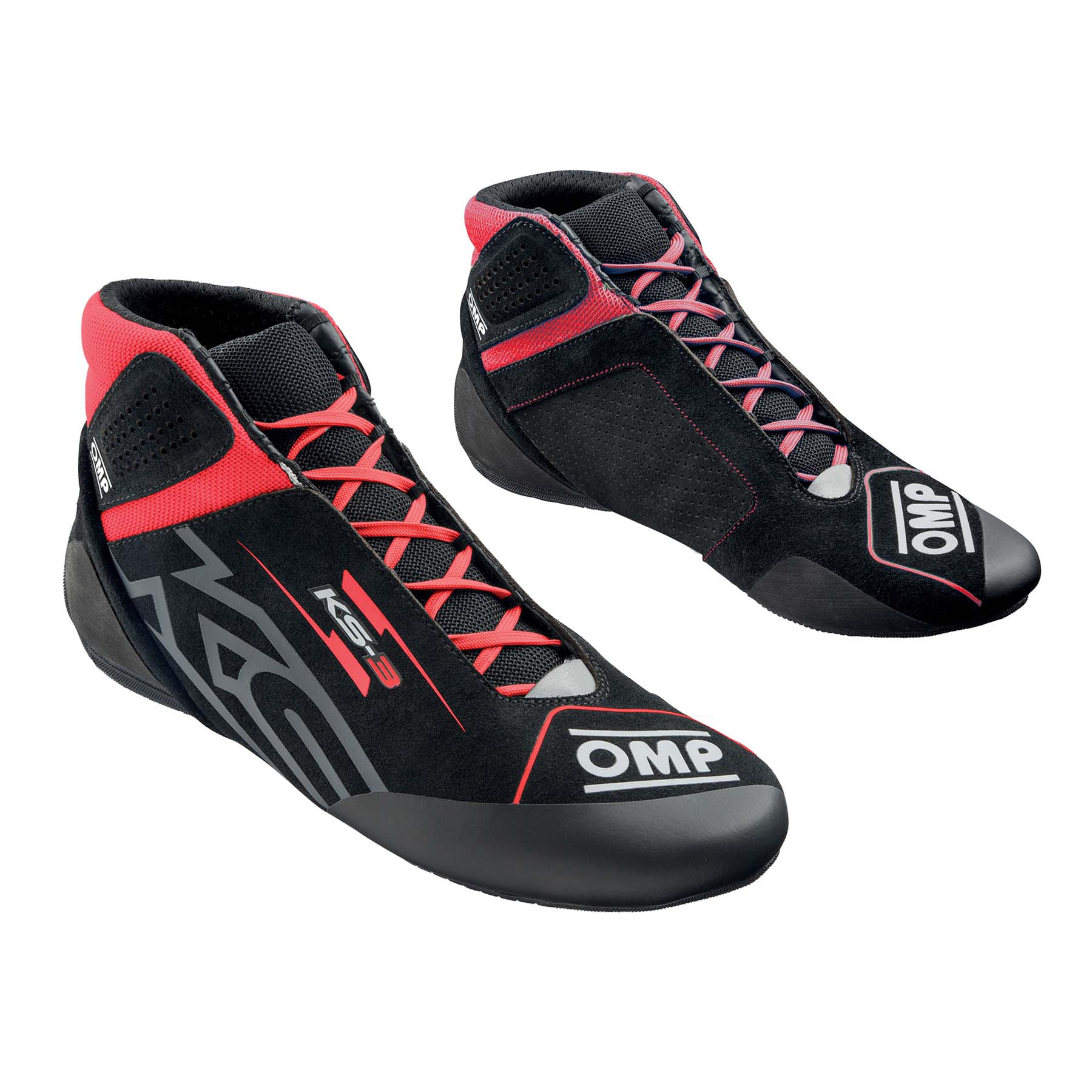 OMP KS-3 v3 adult karting shoes in black suede with red accents and two-tone kart-specific outsole