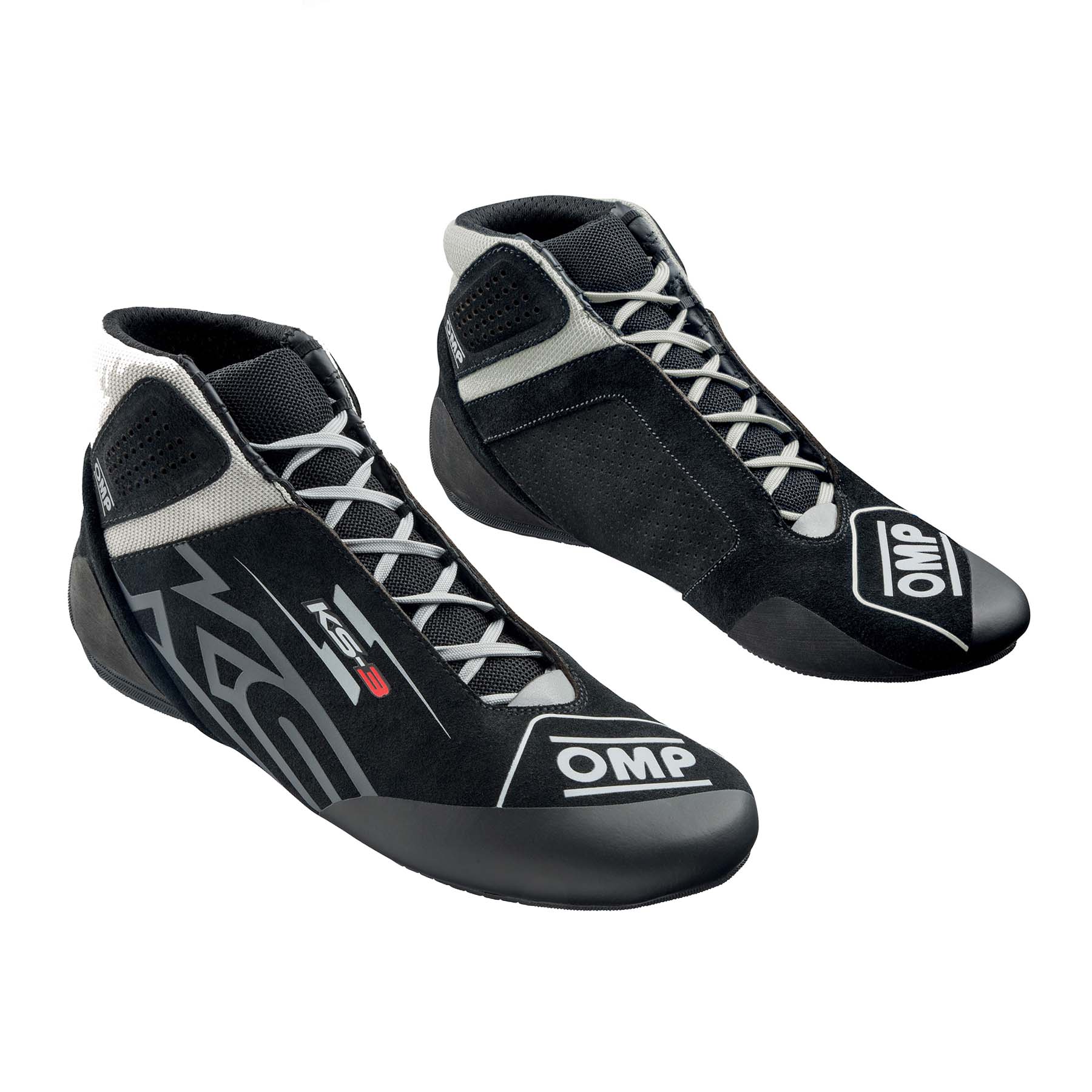 OMP KS-3 v3 adult karting shoes in black suede with silver accents and two-tone kart-specific outsole