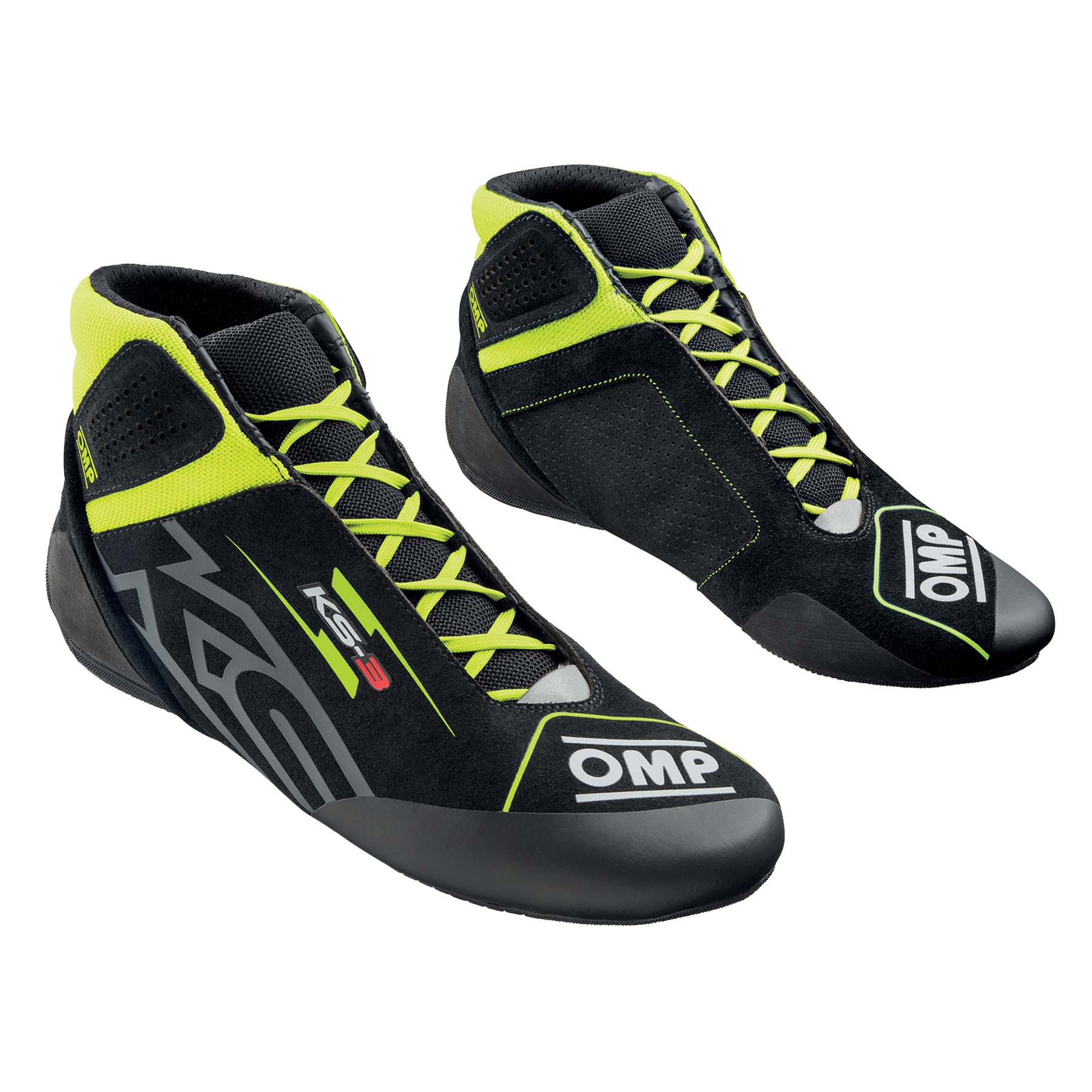 OMP KS-3 v3 adult karting shoes in black suede with fluo yellow accents and two-tone kart-specific outsole