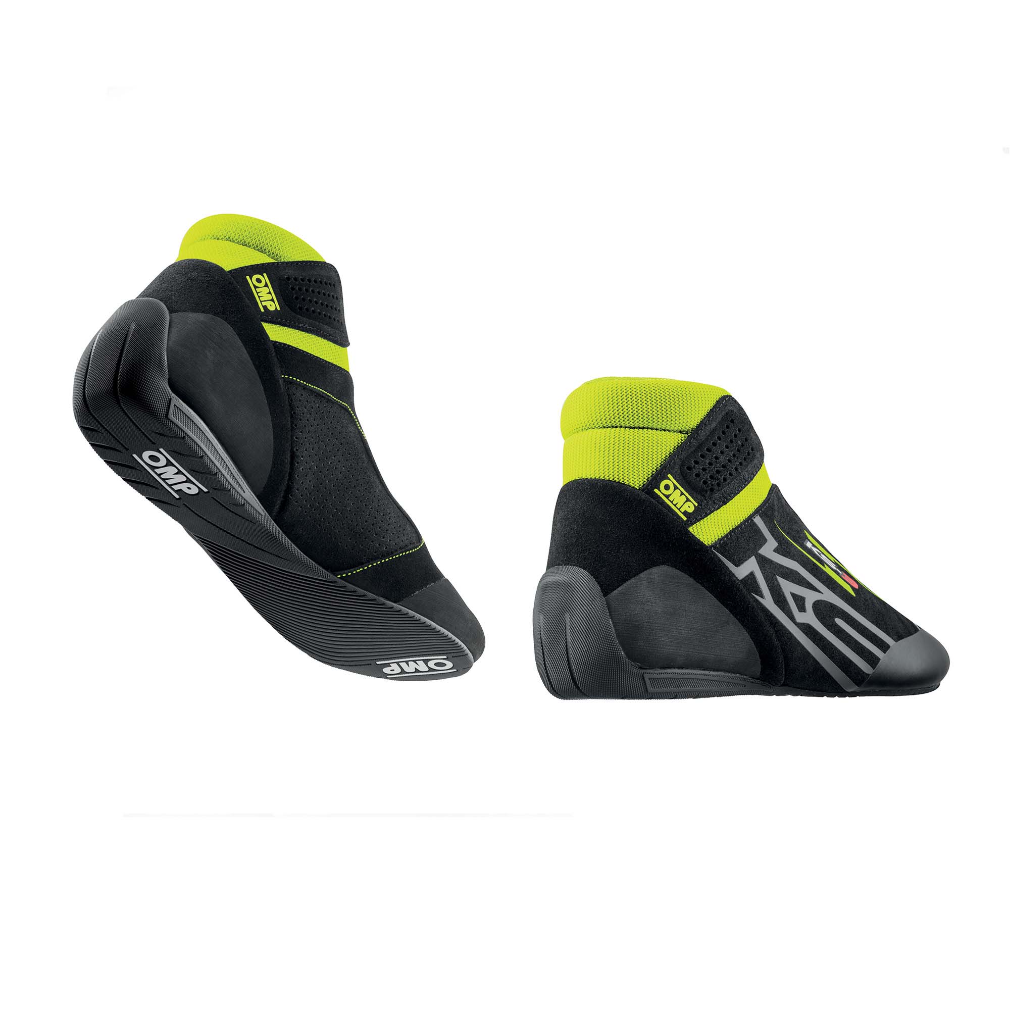 OMP KS-3 v3 adult karting shoes in black suede with fluo yellow accents and two-tone kart-specific outsole