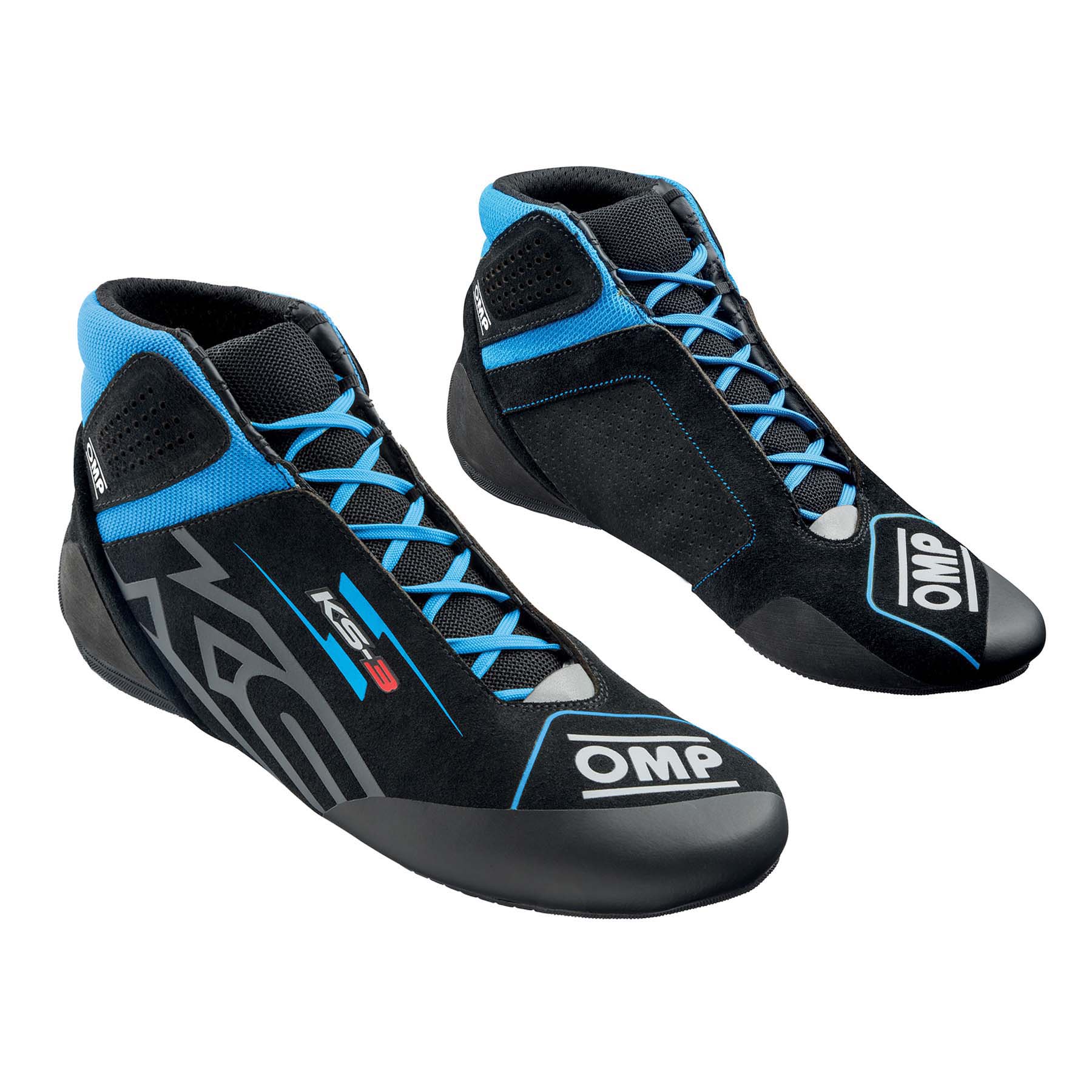 OMP KS-3 v3 adult karting shoes in black suede with cyan accents and two-tone kart-specific outsole