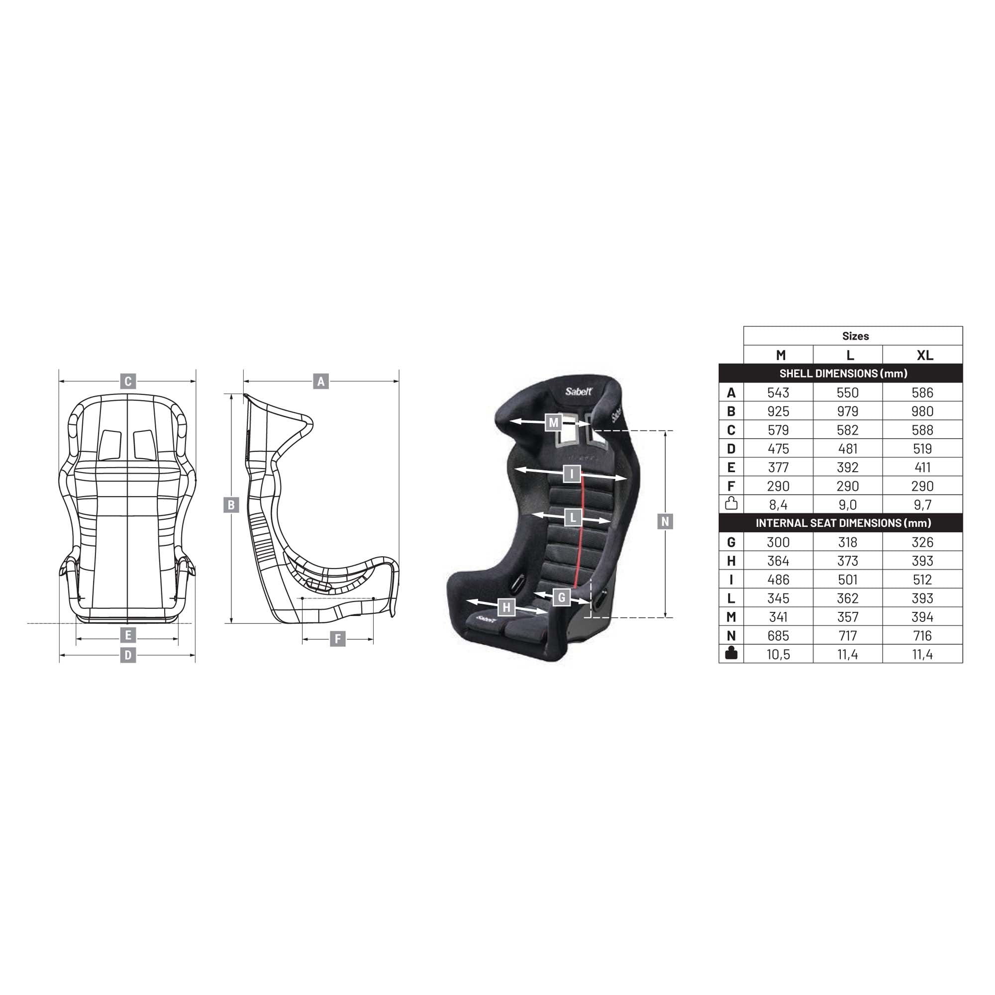 Sabelt Taurus Large Fiberglass Racing Seat Sizing Chart