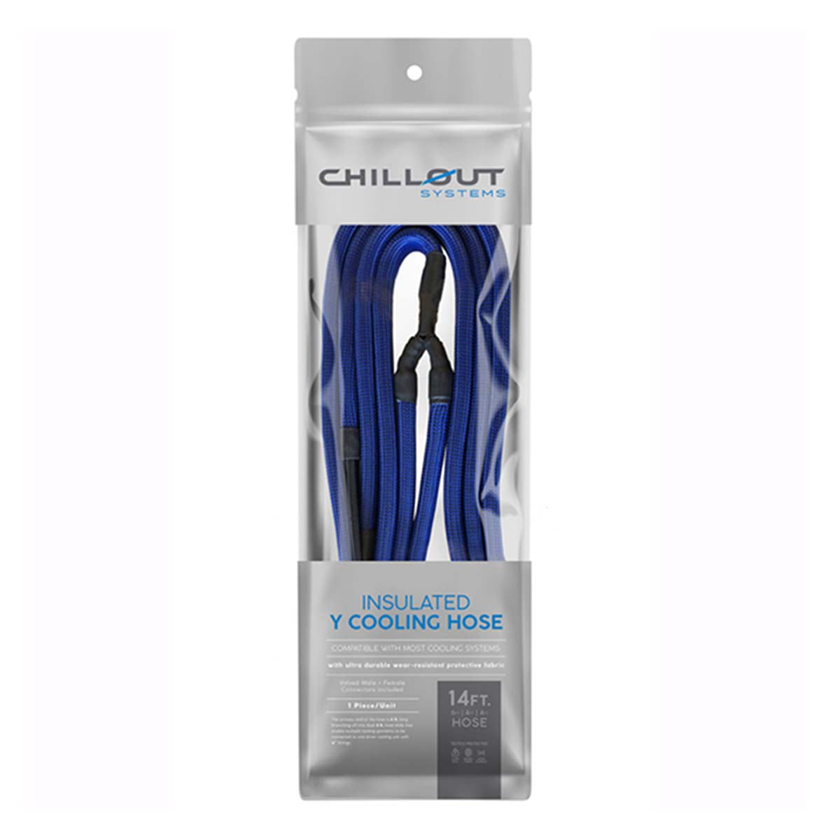 Chillout Systems 14-foot insulated Y coolant hose with double-insulated fabric shield, designed to connect two driver cooling garments to a single cooler unit.