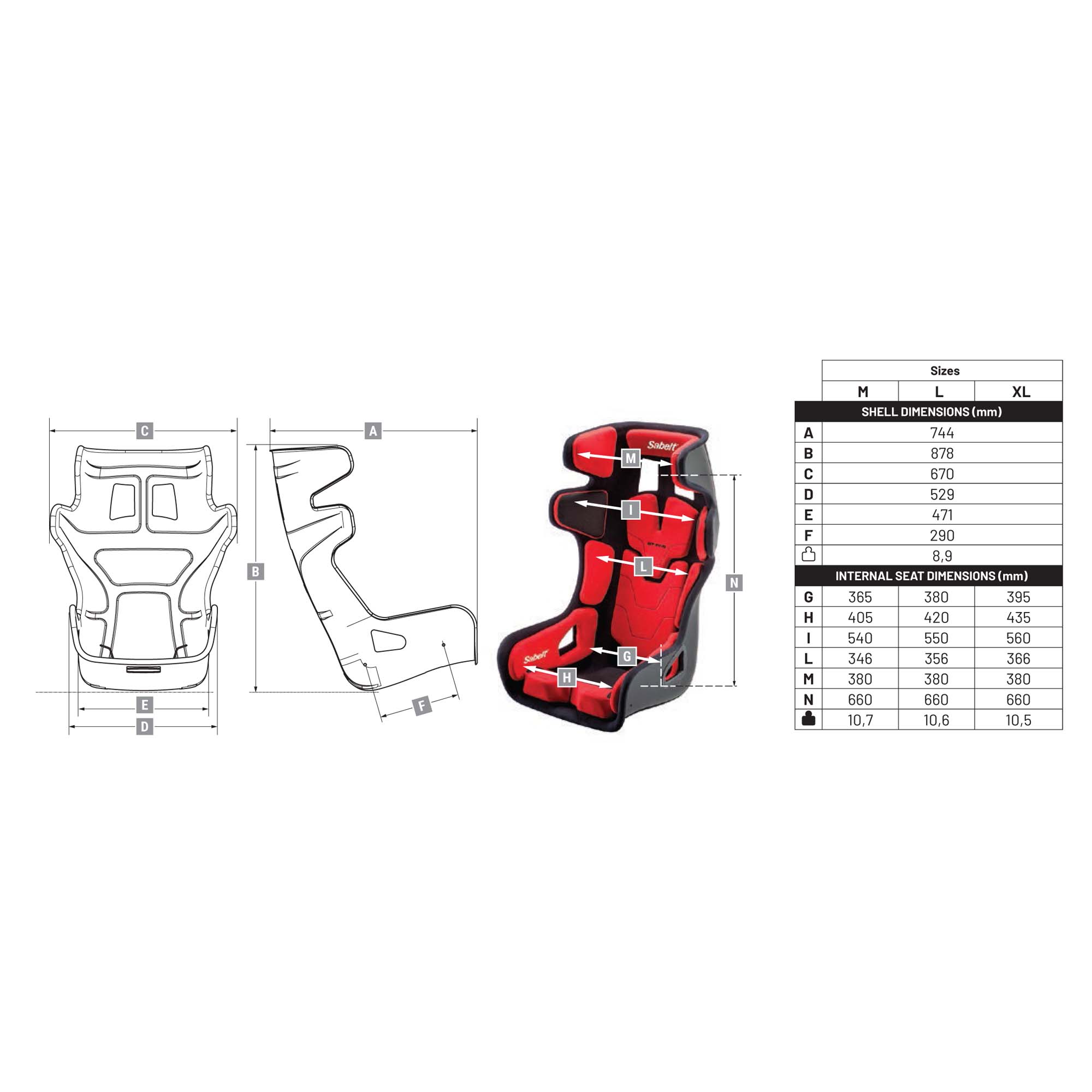 Sabelt GT-Pad FIA Racing Seat Sizing Chart