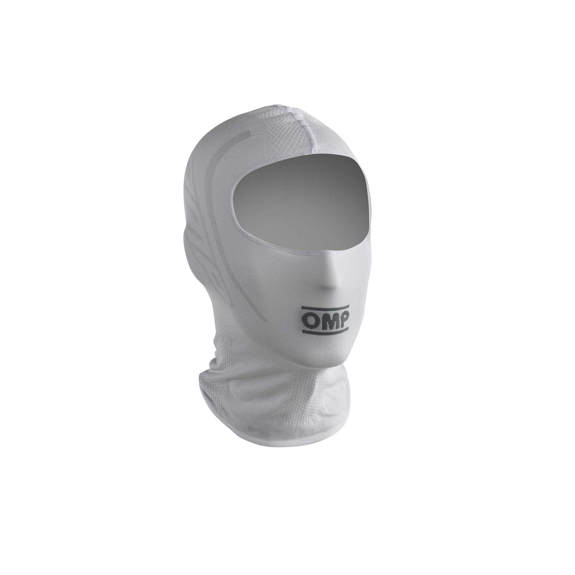 OMP KS karting balaclava in white with seamless Dryarn fabric designed for moisture wicking and breathable comfort under a karting helmet.