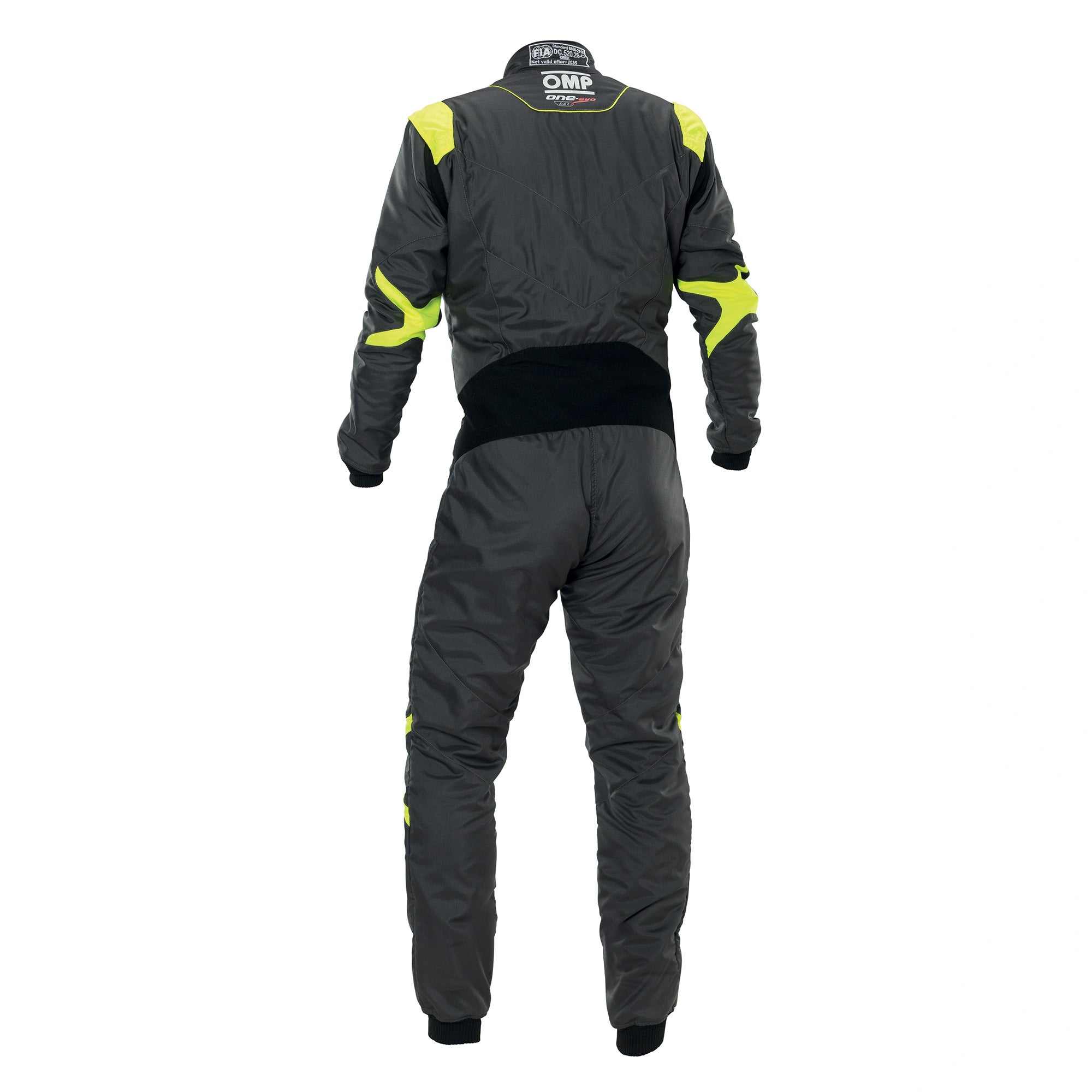 Rear view of the OMP One Evo Air racing suit in iron grey and fluo yellow, showing elastic back panel and ergonomic suit construction