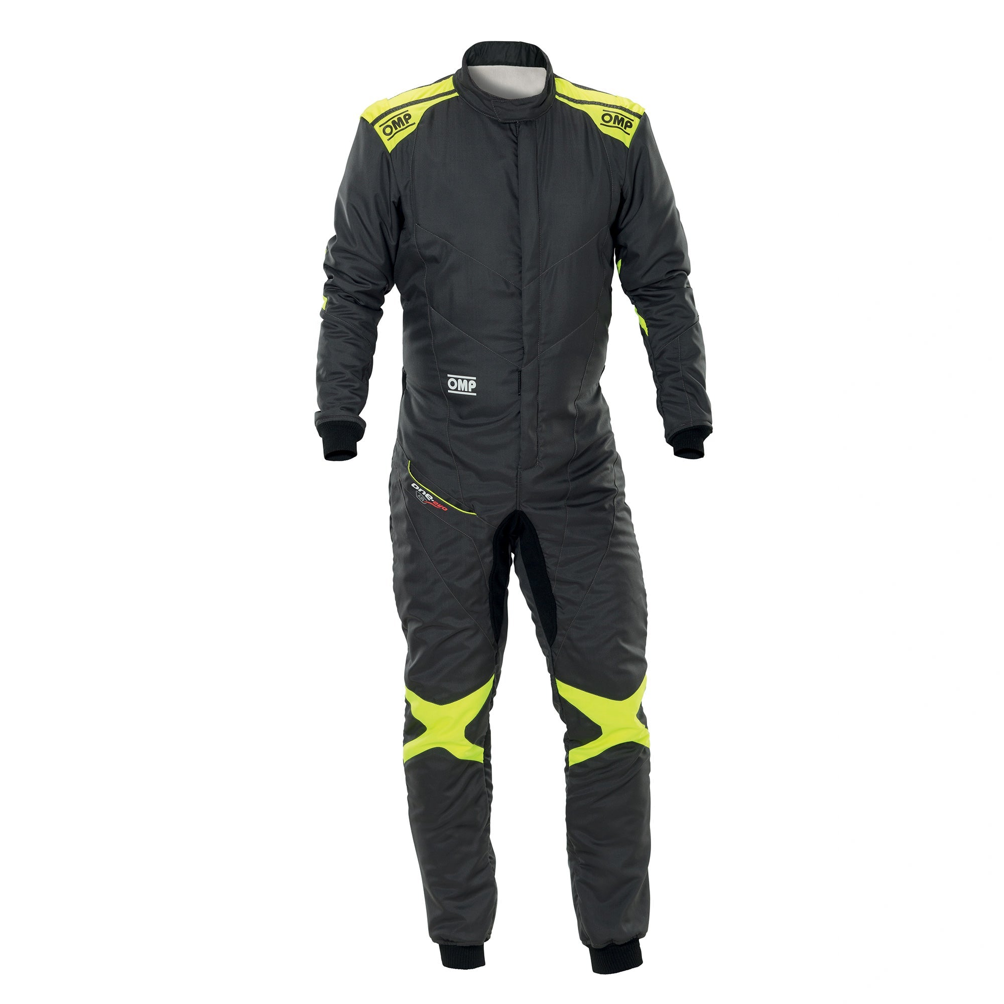 OMP One Evo Air FIA 8856-2018 fire-resistant racing suit in iron grey and fluo yellow