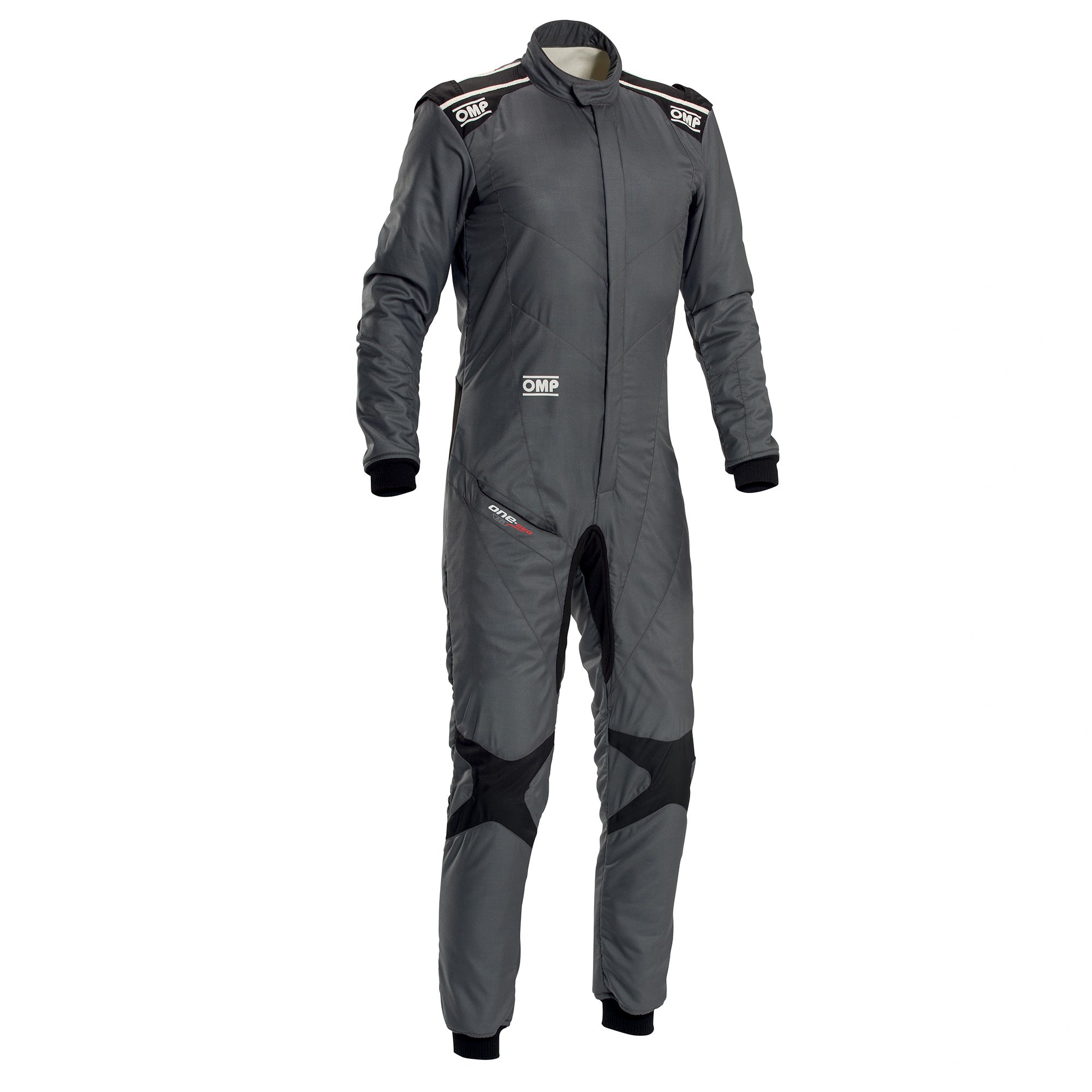 OMP One Evo Air FIA 8856-2018 fire-resistant racing suit in silver and iron grey