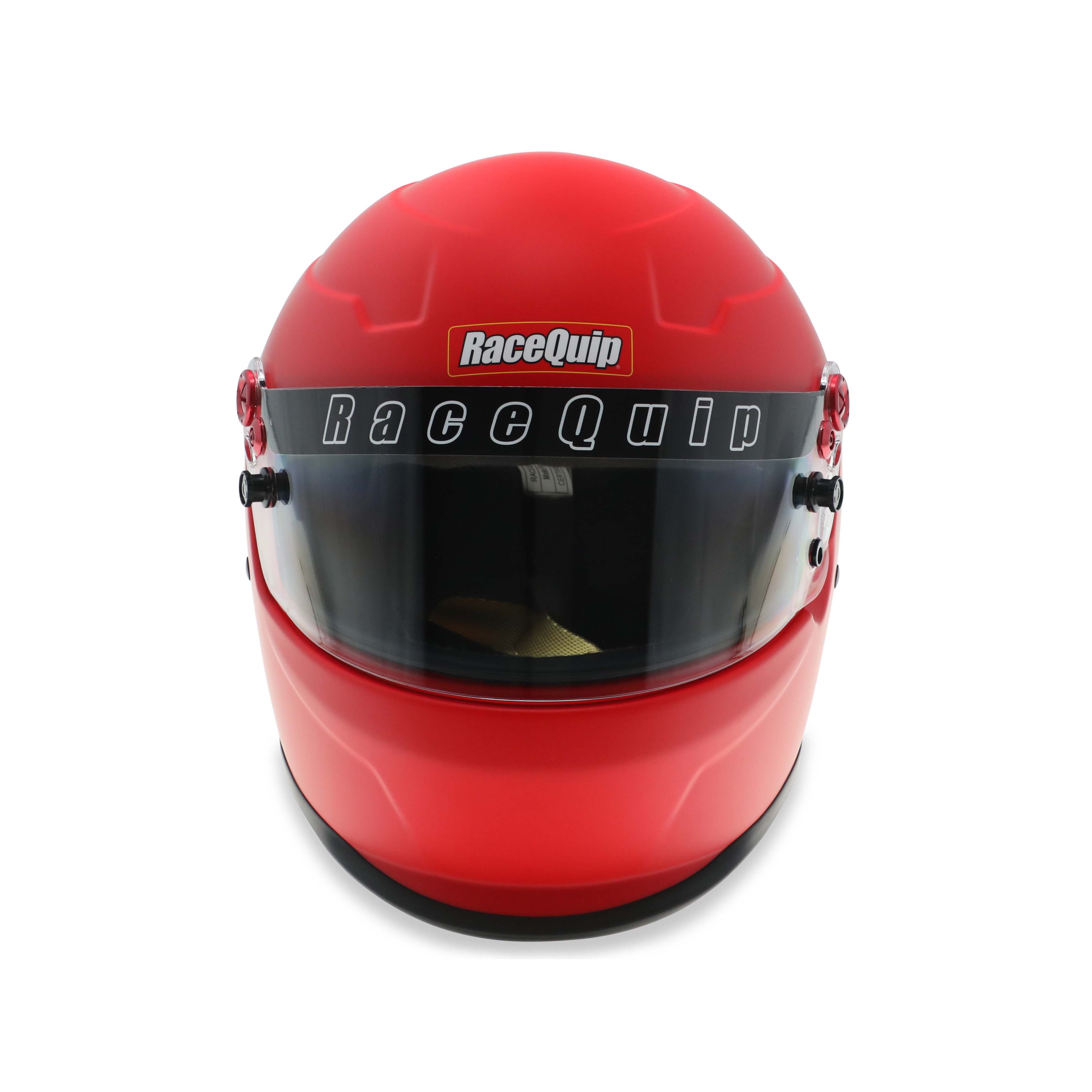 Front view of RaceQuip PRO25 Premium SA2025 Red Helmet with center vent and RaceQuip branding across visor