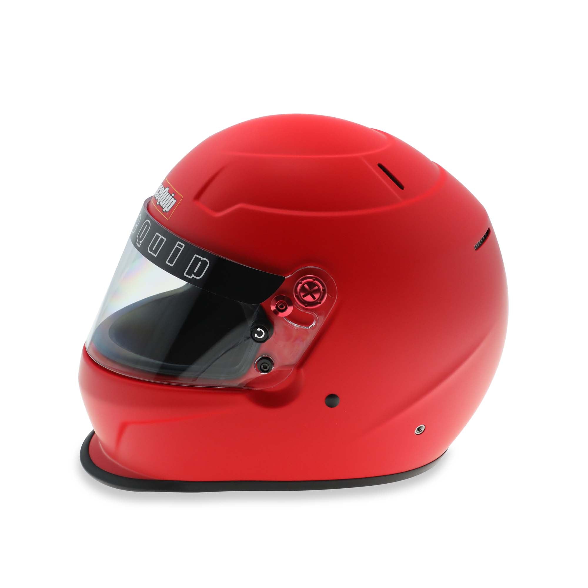Left-side view of RaceQuip PRO25 Premium SA2025 Red Helmet highlighting shield hardware and vent details