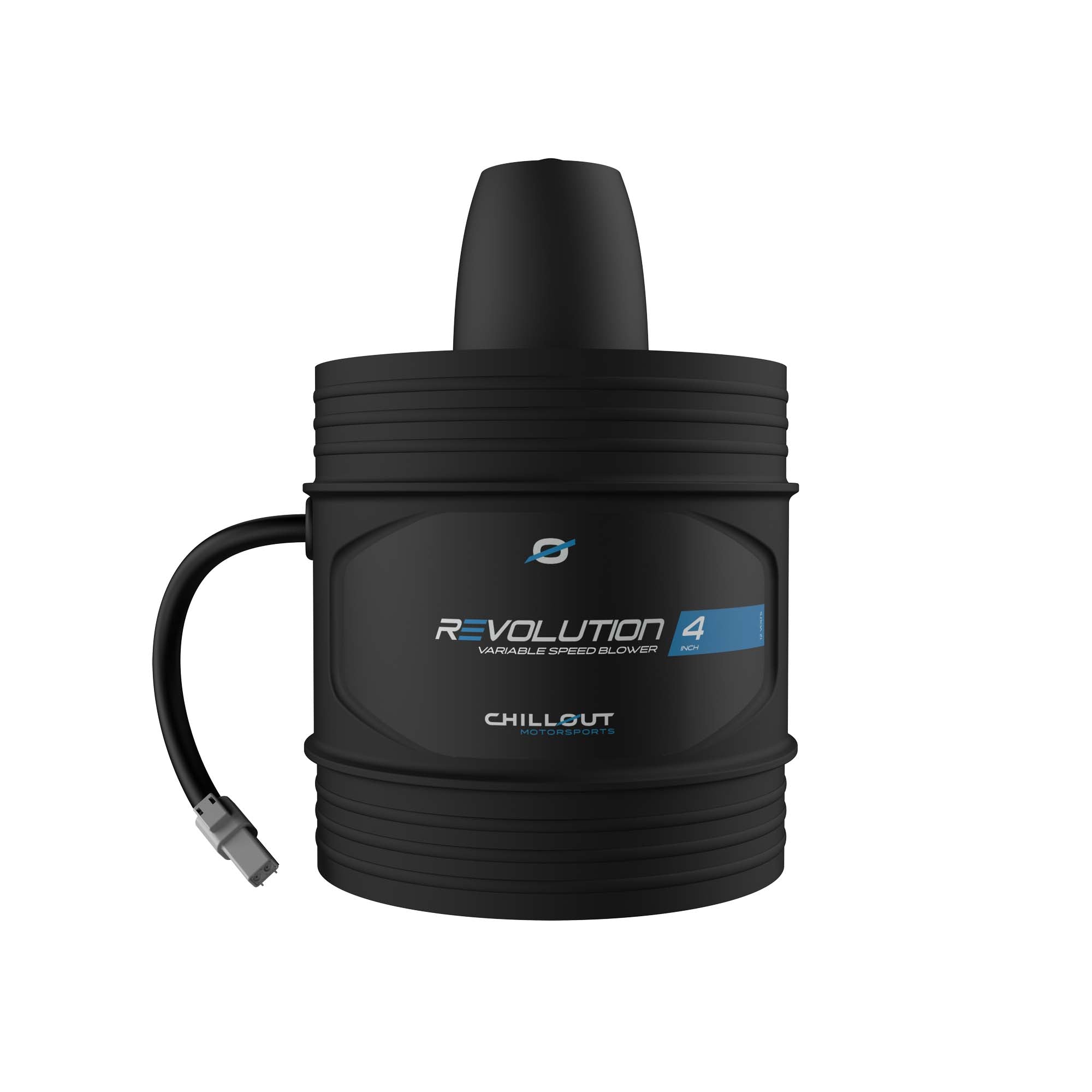 Chillout Systems Revolution 4 inch variable speed air blower front view showing 4 inch outlet