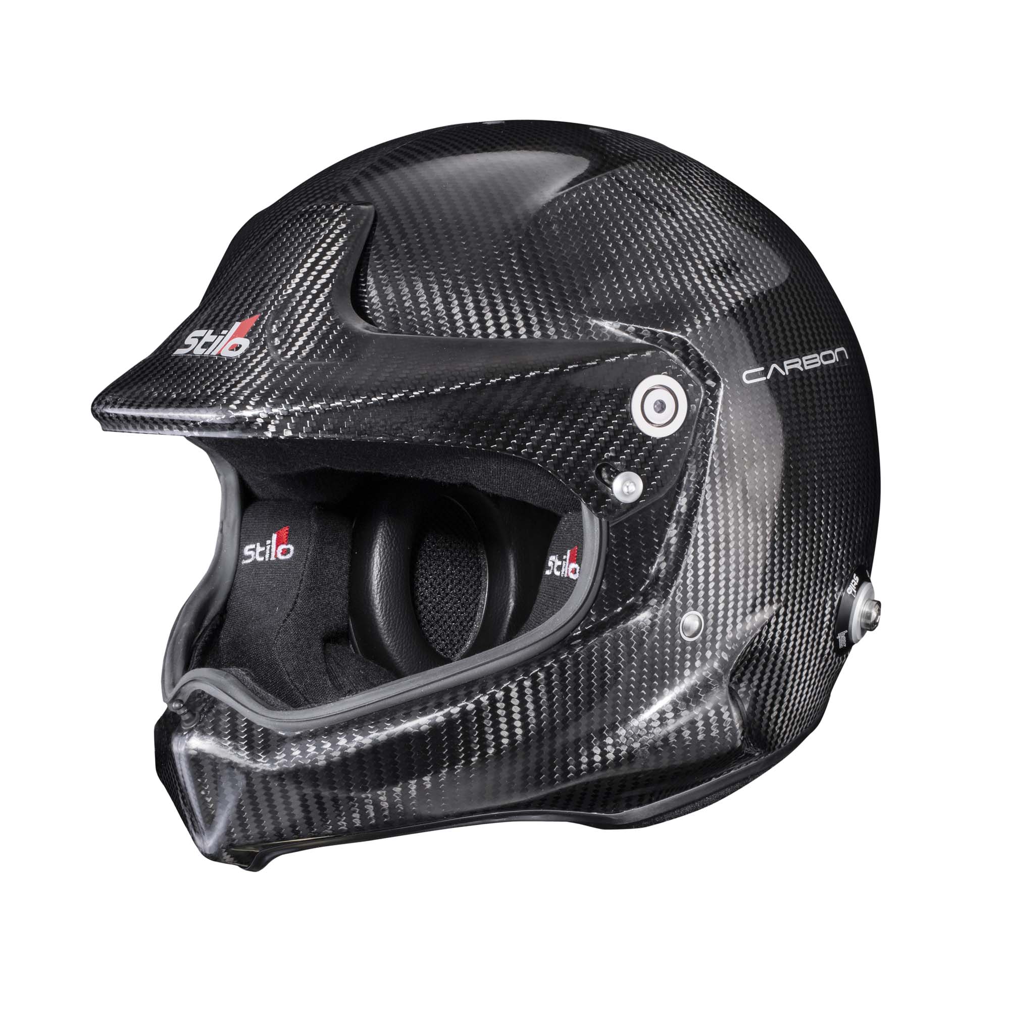 Stilo Venti WRX Raid Carbon helmet front-left angle showing peak, wide eyeport, and carbon finish.