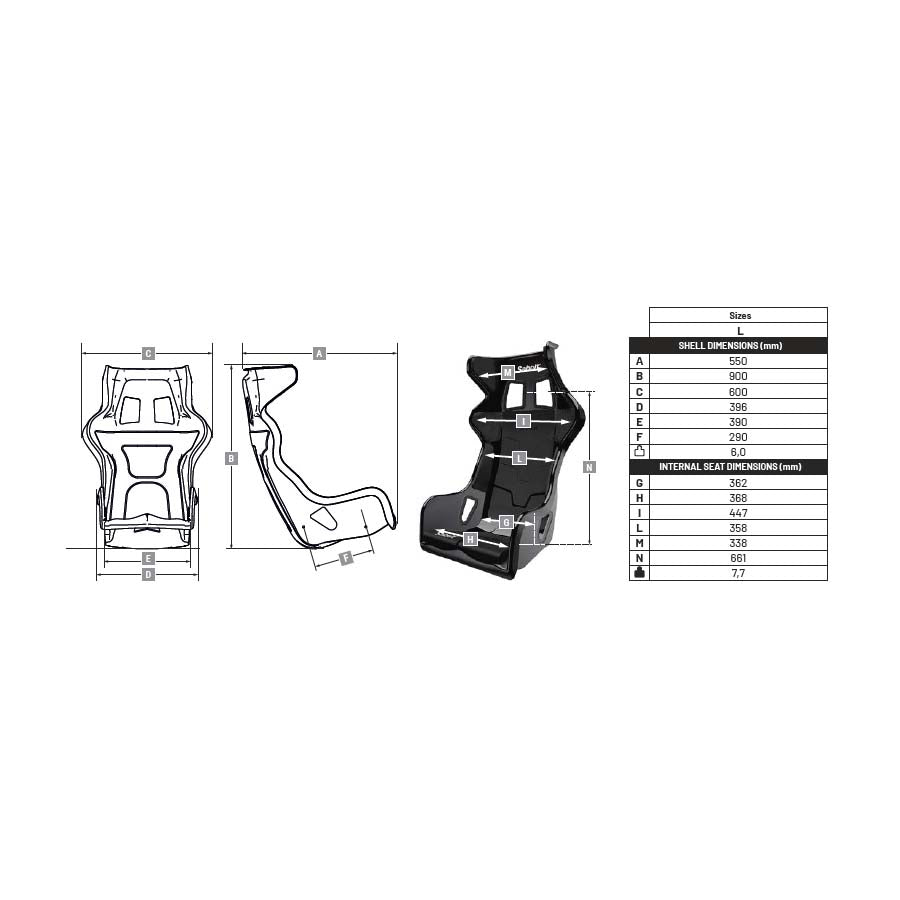 Sabelt X-Pad FIA Racing Seat - Sizing Chart Measurements Dimensions